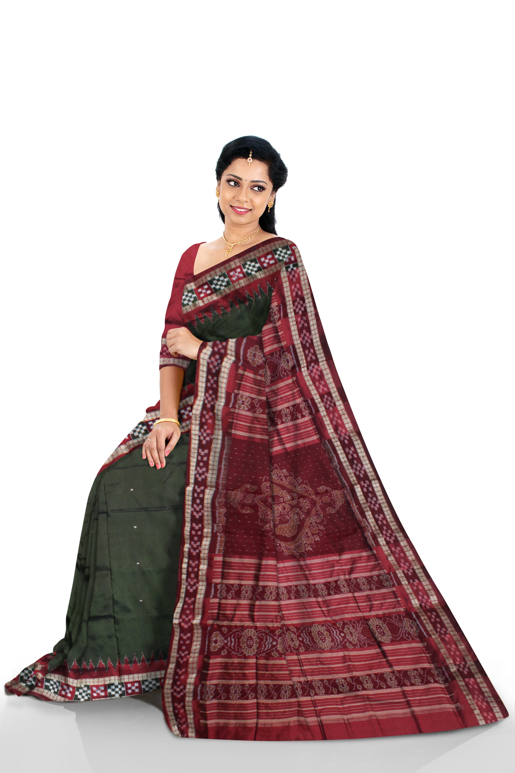 MEHENDI AND MAROON COLOR DHADI PASAPALI PATTERN PATA SAREE, WITH BLOUSE PIECE. - Koshali Arts & Crafts Enterprise