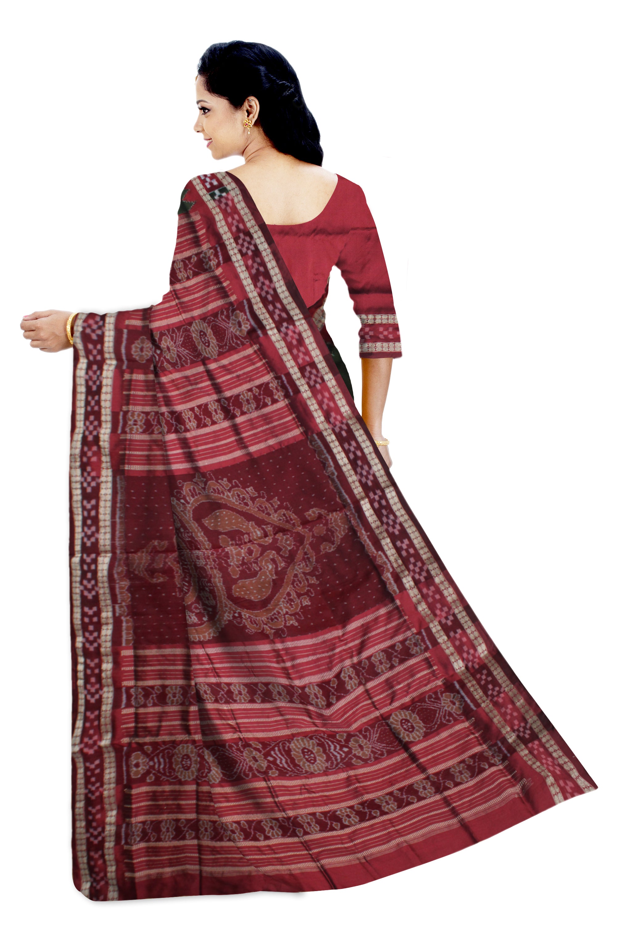 MEHENDI AND MAROON COLOR DHADI PASAPALI PATTERN PATA SAREE, WITH BLOUSE PIECE. - Koshali Arts & Crafts Enterprise