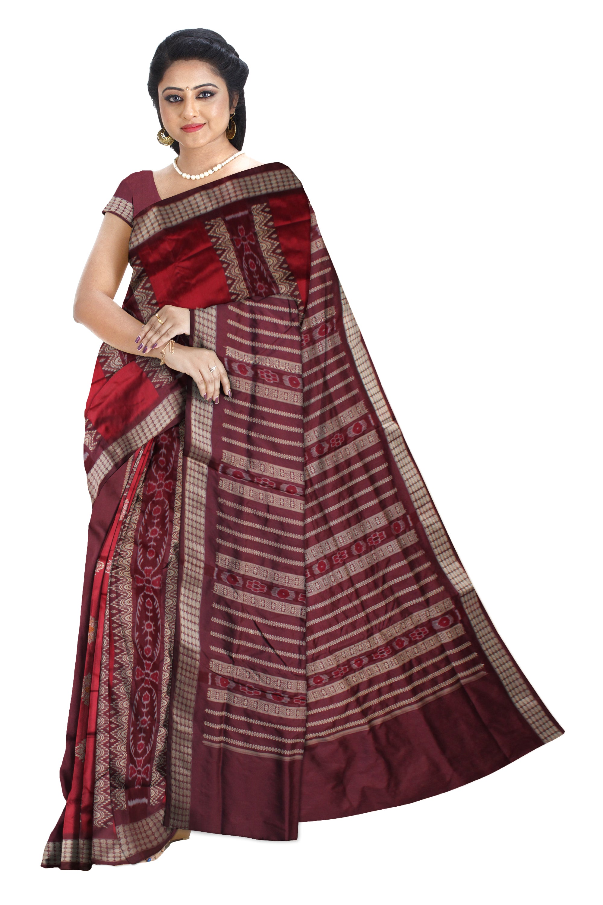 HALF BODY DESIGN PATLI PATA SAREE IS MAROON AND COFFEE COLOR BASE,COMES WITH MATCHING BLOUSE PIECE. - Koshali Arts & Crafts Enterprise