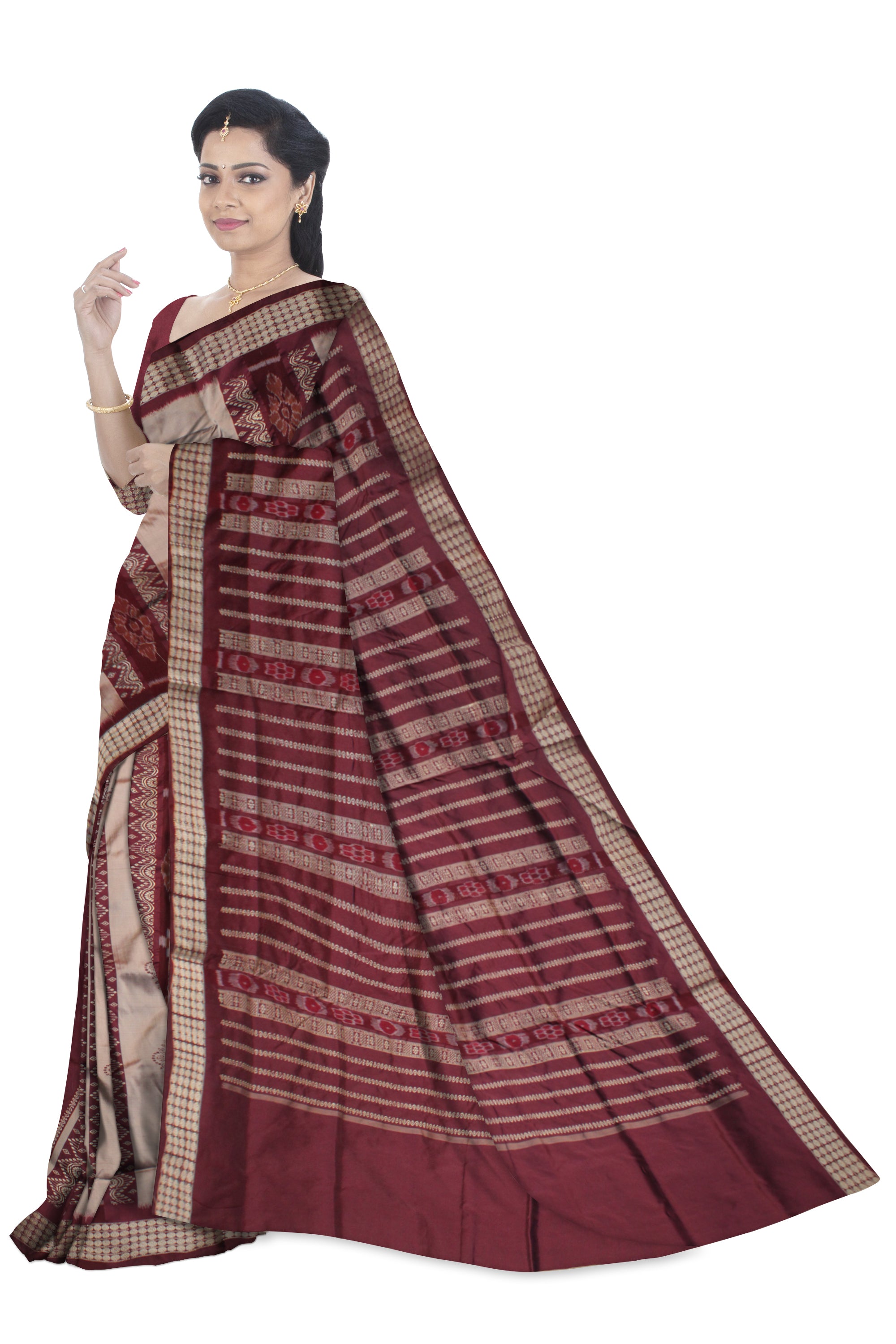 TRADITIONAL PASAPALI WITH BOMKEI PATTERN PATLI PATA SAREE IS SILVER AND COFFEE COLOR BASE,AVAILABLE WITH MATCHING BLOUSE PIECE. - Koshali Arts & Crafts Enterprise