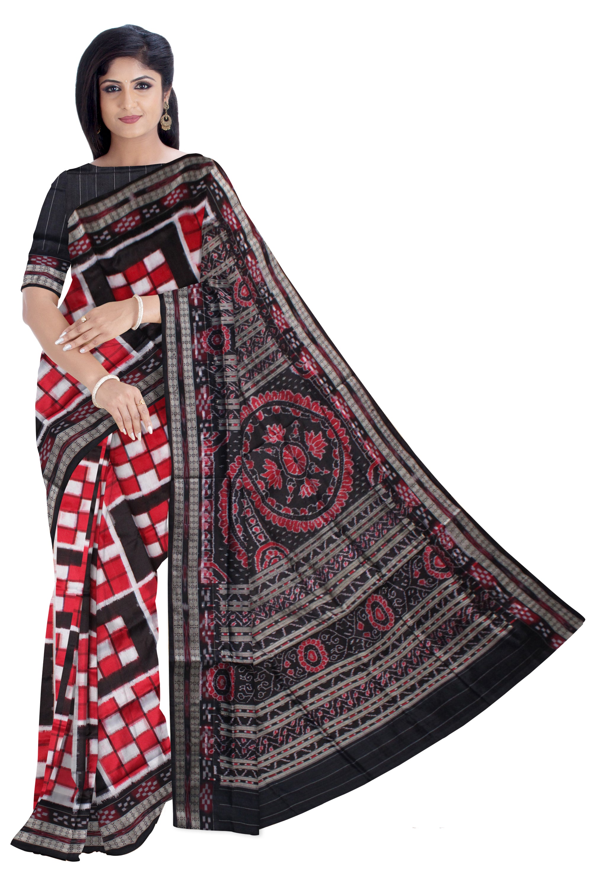 FULL BODY BIG PASAPALI PATTERN PURE SAMBALPURI COTTON SAREE IS RED AND BLACK COLOR BASE,WITH BLOUSE PIECE. - Koshali Arts & Crafts Enterprise