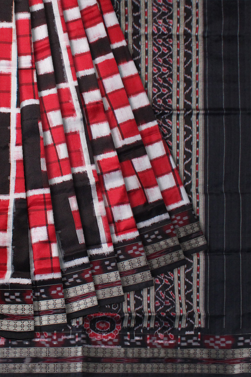 FULL BODY BIG PASAPALI PATTERN PURE SAMBALPURI COTTON SAREE IS RED AND BLACK COLOR BASE,WITH BLOUSE PIECE. - Koshali Arts & Crafts Enterprise