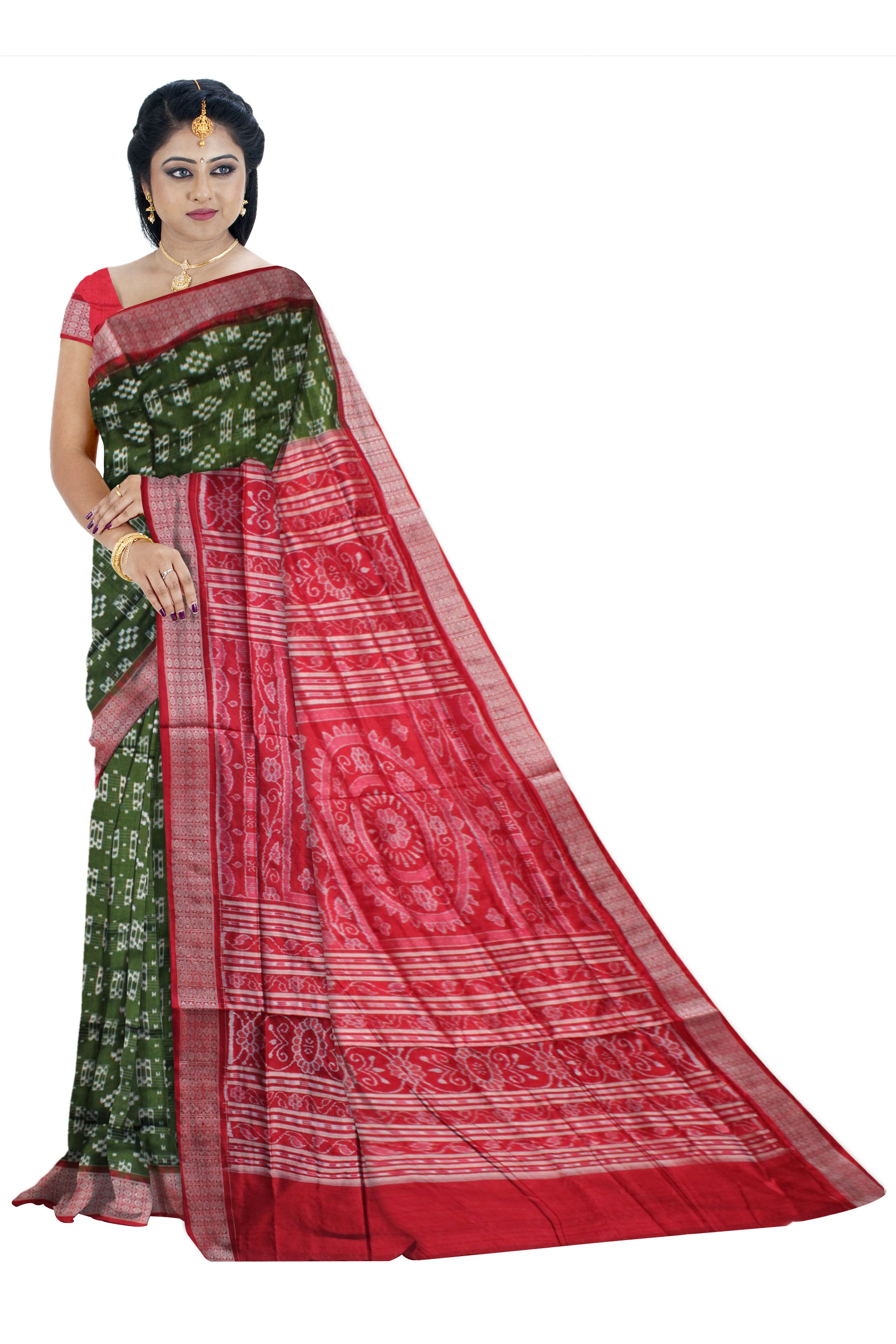 LIGHT GREEN AND RED COLOR PURE SILK SAREE, WITH MATCHING BLOUSE PIECE. - Koshali Arts & Crafts Enterprise