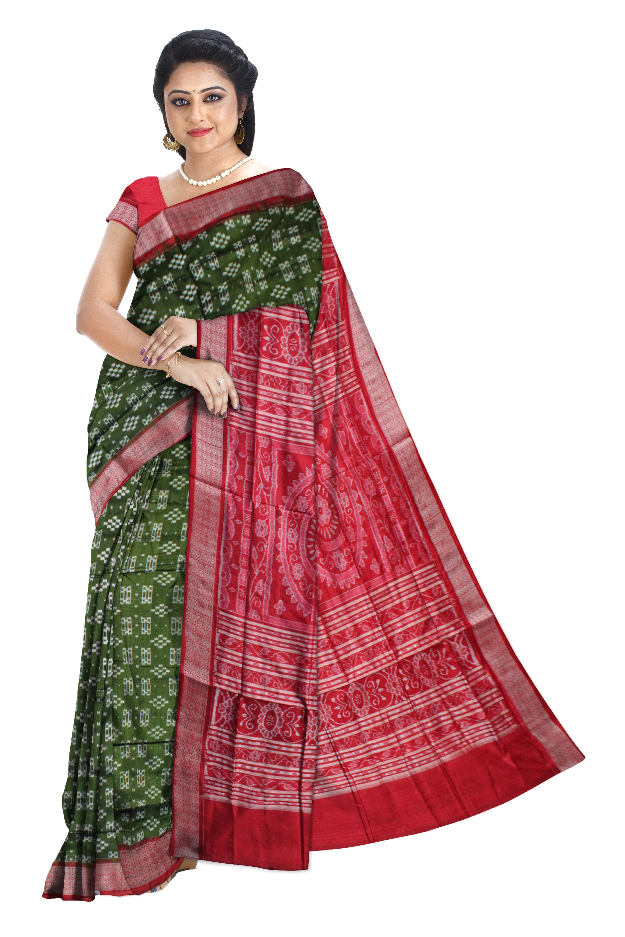 LIGHT GREEN AND RED COLOR PURE SILK SAREE, WITH MATCHING BLOUSE PIECE. - Koshali Arts & Crafts Enterprise