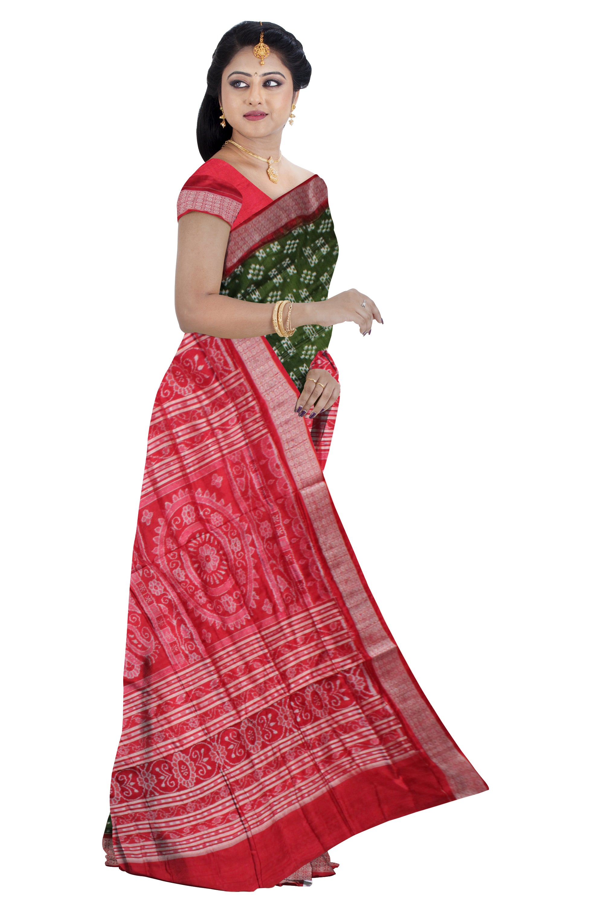LIGHT GREEN AND RED COLOR PURE SILK SAREE, WITH MATCHING BLOUSE PIECE. - Koshali Arts & Crafts Enterprise