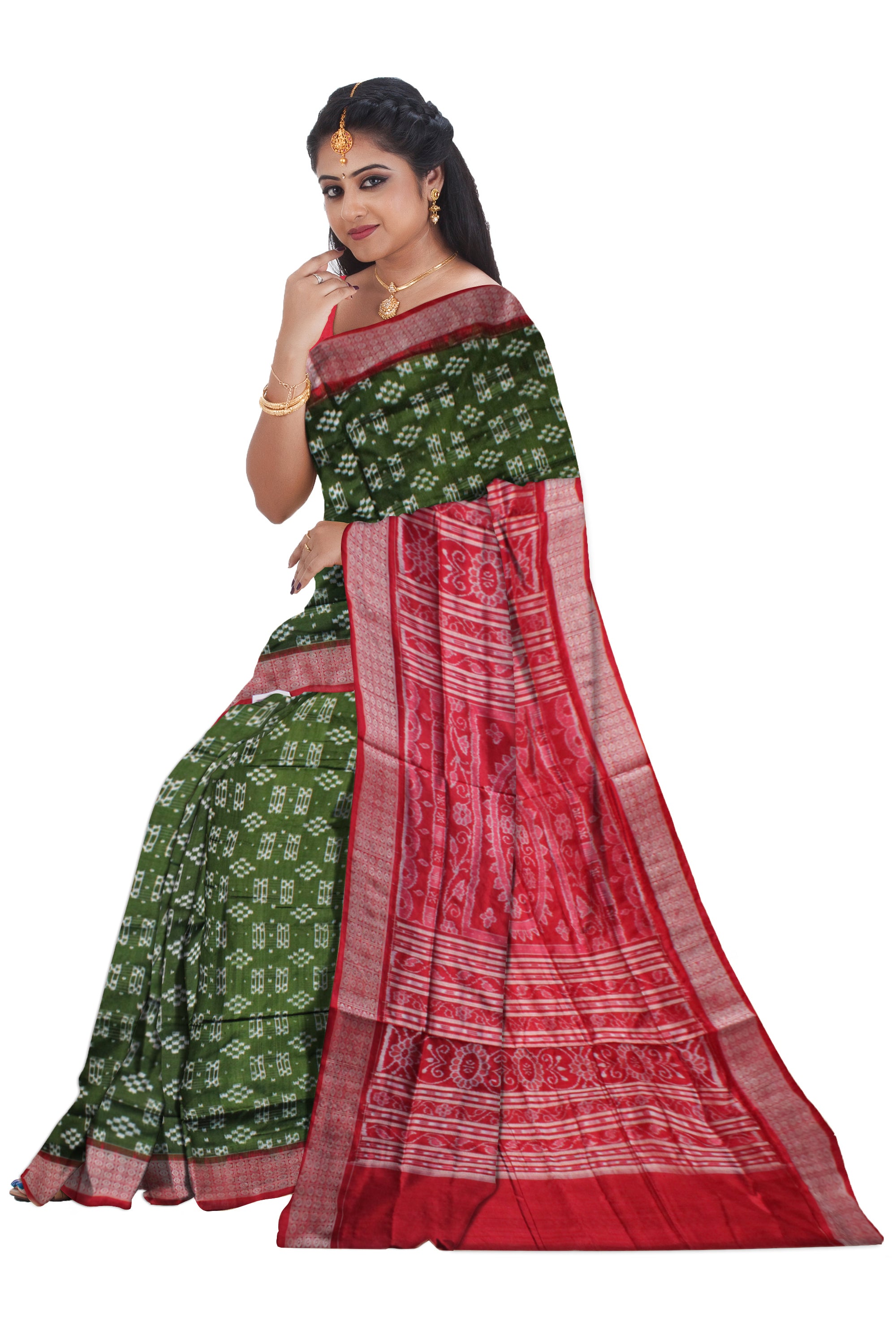 LIGHT GREEN AND RED COLOR PURE SILK SAREE, WITH MATCHING BLOUSE PIECE. - Koshali Arts & Crafts Enterprise