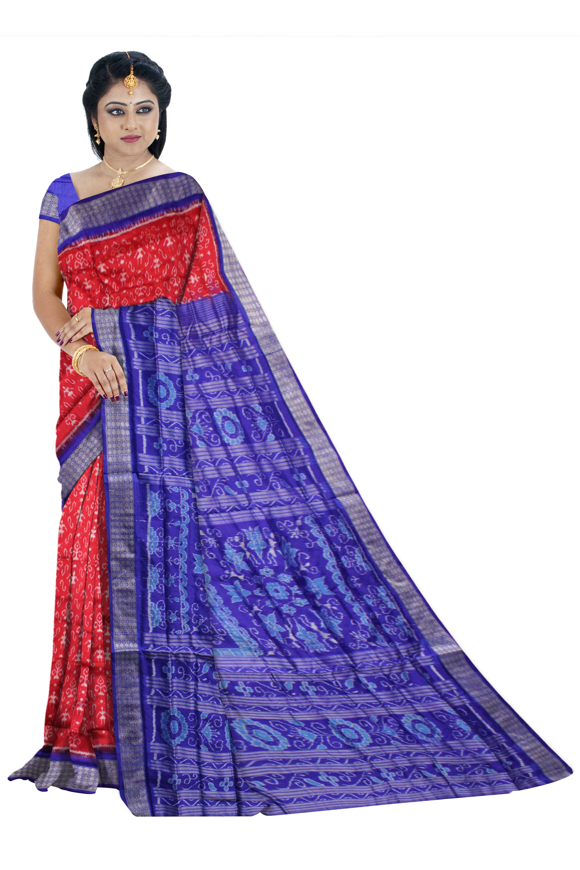 RED AND BLUE COLOR SMALL TERRACOTTA PATTERN PURE SILK SAREE,WITH MATCHING BLOUSE PIECE. - Koshali Arts & Crafts Enterprise