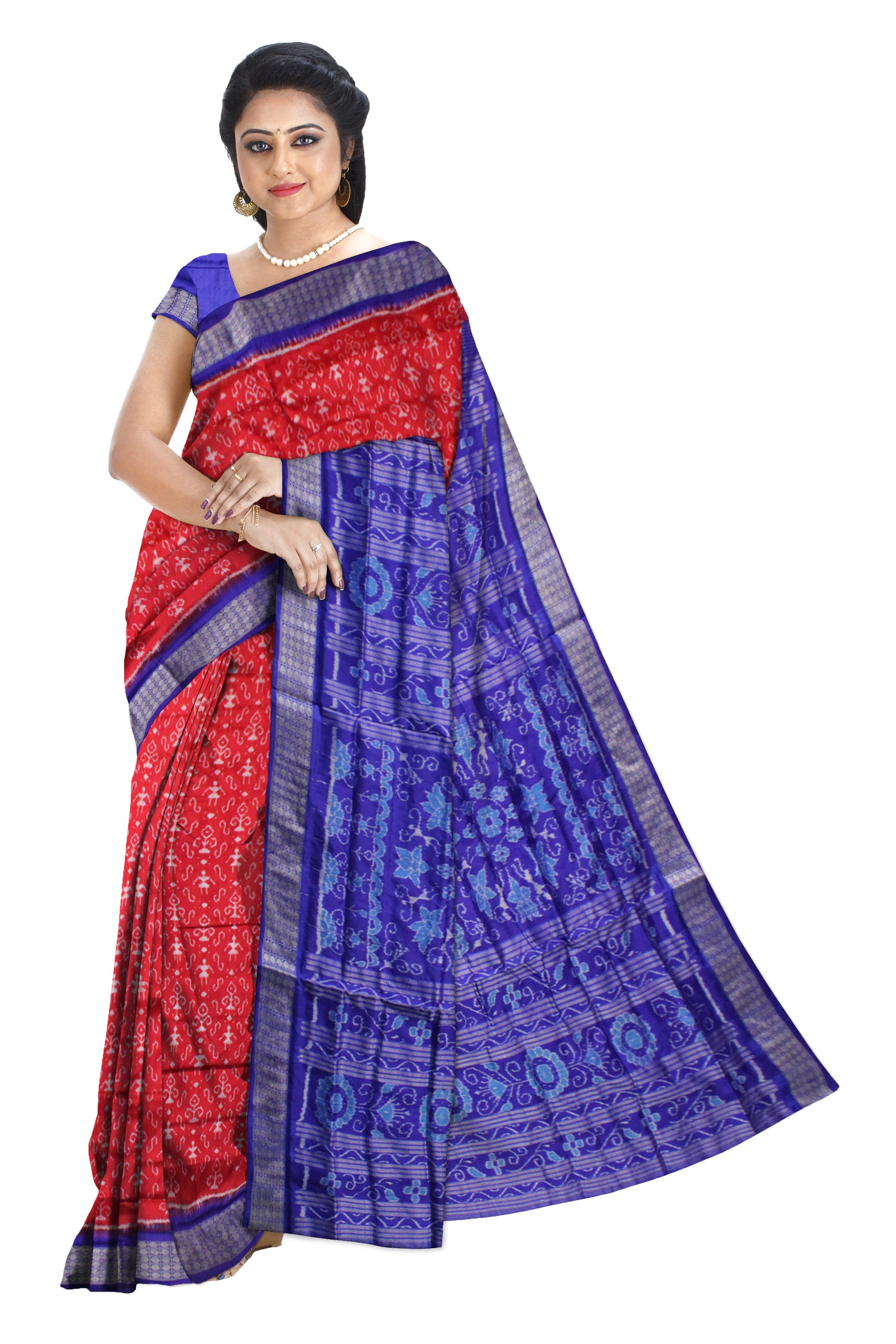 RED AND BLUE COLOR SMALL TERRACOTTA PATTERN PURE SILK SAREE,WITH MATCHING BLOUSE PIECE. - Koshali Arts & Crafts Enterprise