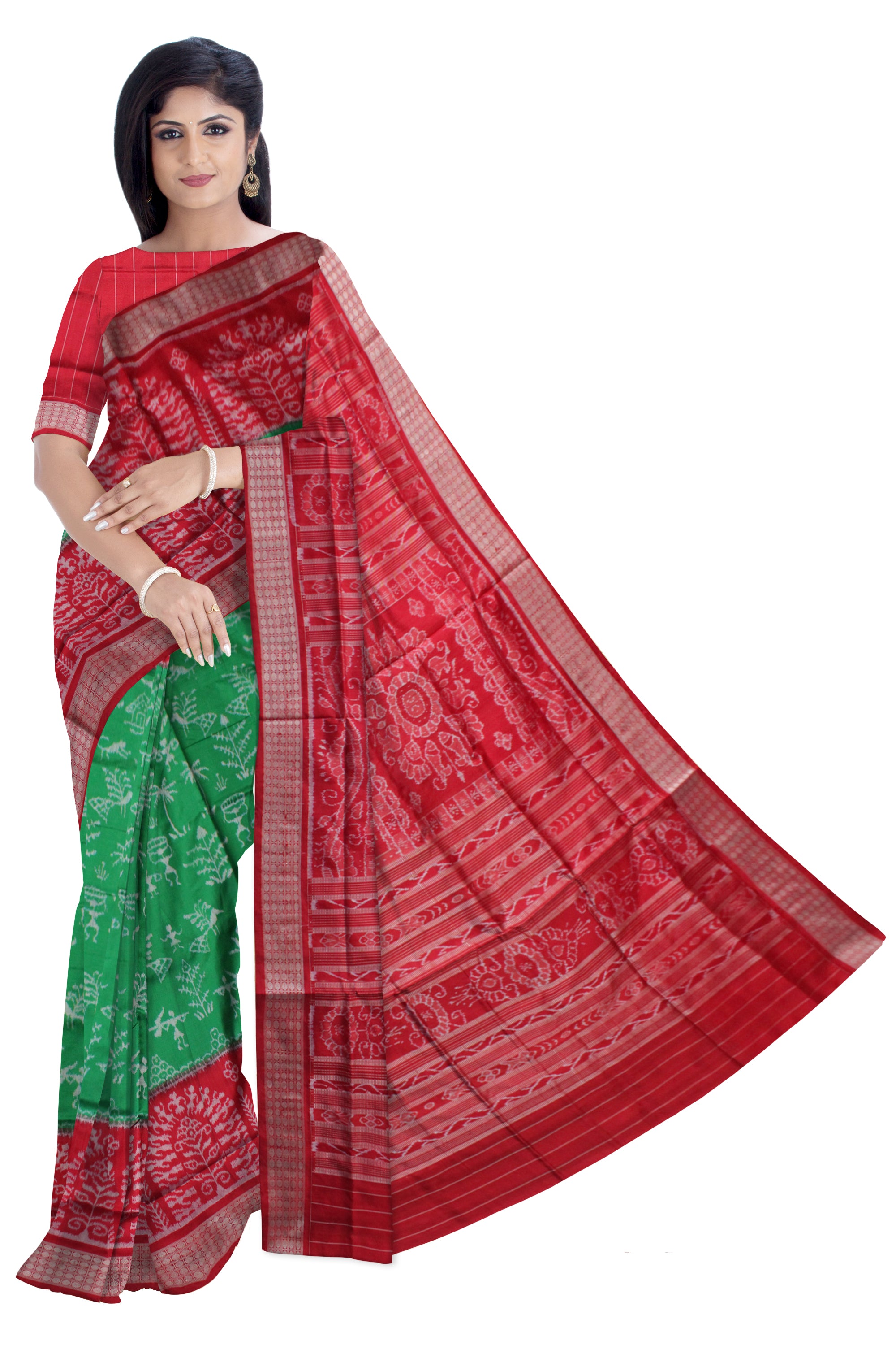 LIGHT GREEN AND RED COLOR TERRACOTTA PATTERN PURE SILK SAREE,WITH MATCHING BLOUSE PIECE. - Koshali Arts & Crafts Enterprise