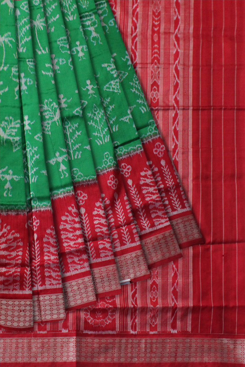 LIGHT GREEN AND RED COLOR TERRACOTTA PATTERN PURE SILK SAREE,WITH MATCHING BLOUSE PIECE. - Koshali Arts & Crafts Enterprise