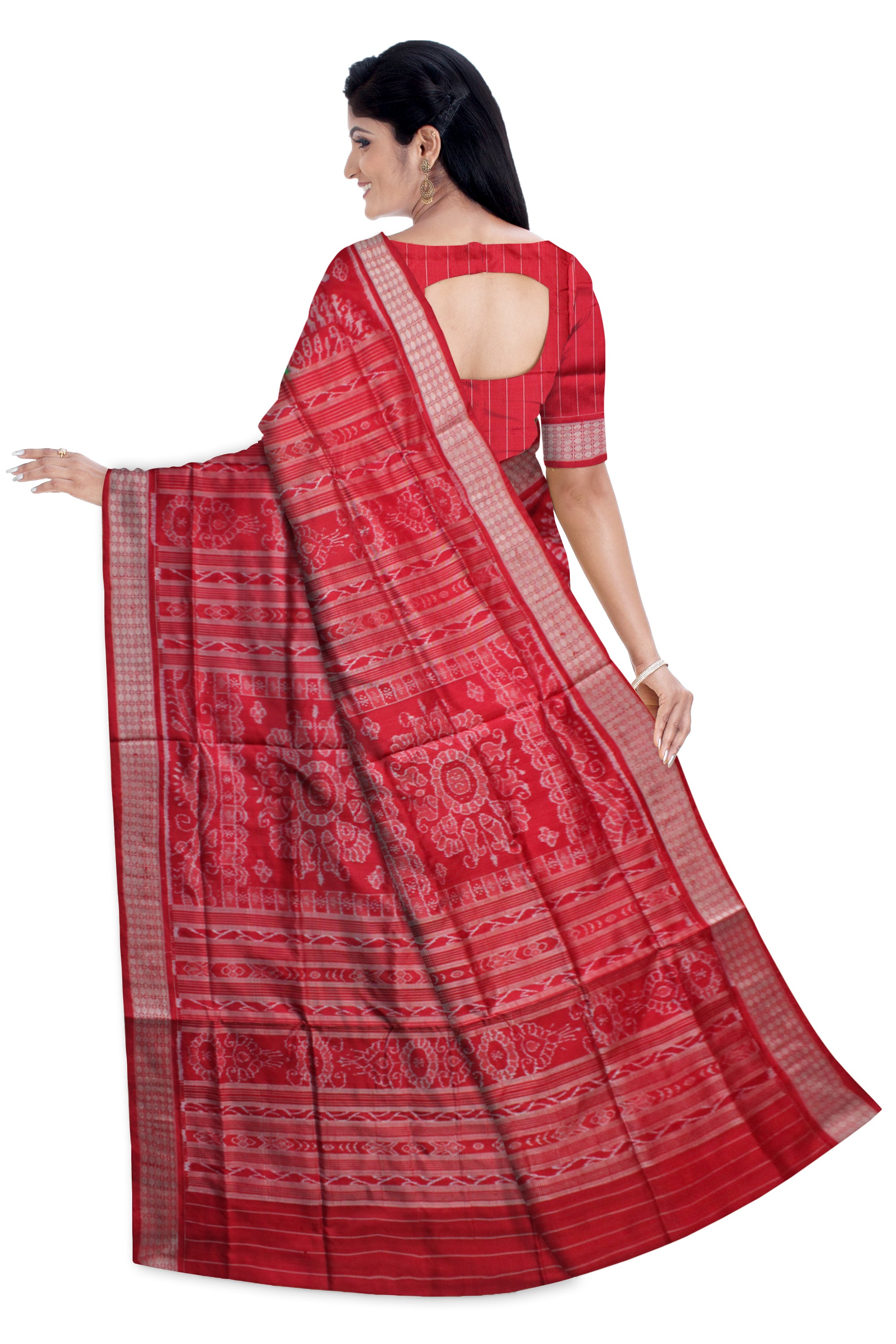 LIGHT GREEN AND RED COLOR TERRACOTTA PATTERN PURE SILK SAREE,WITH MATCHING BLOUSE PIECE. - Koshali Arts & Crafts Enterprise