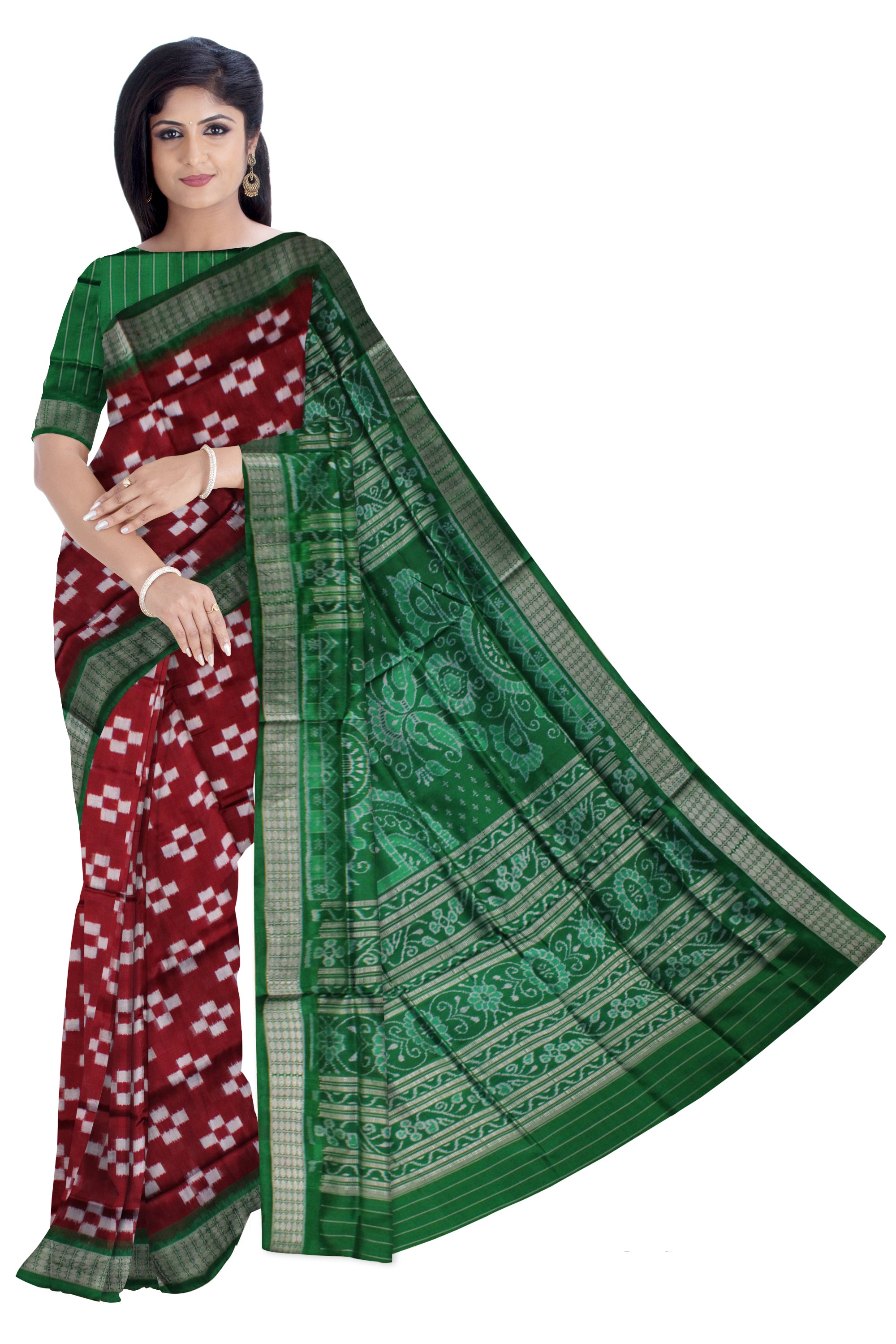 COFFEE WITH GREEN COLOR FULL BODY PASAPALI PATTERN PURE SILK SAREE,COMES WITH MATCHING BLOUSE PIECE. - Koshali Arts & Crafts Enterprise