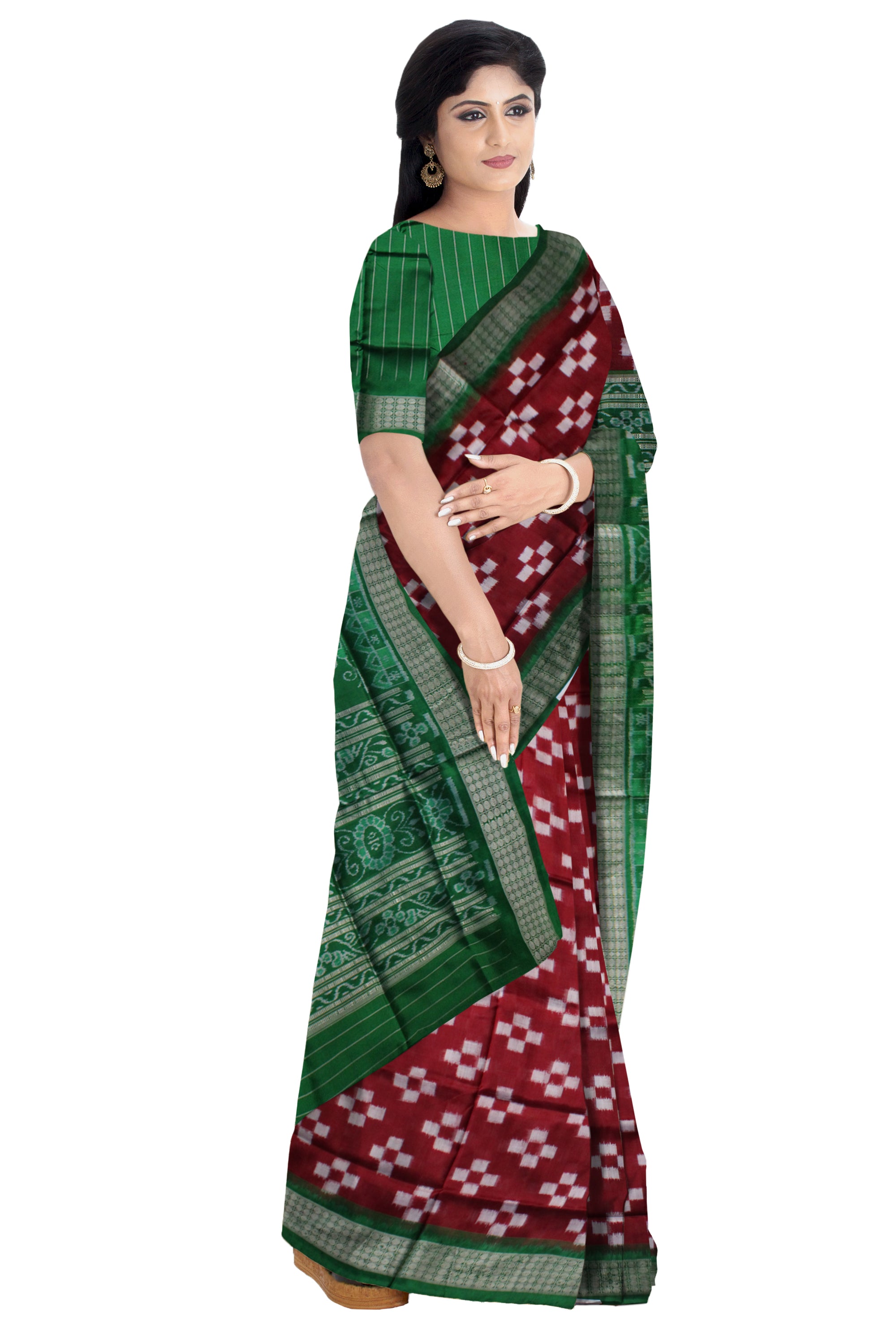 COFFEE WITH GREEN COLOR FULL BODY PASAPALI PATTERN PURE SILK SAREE,COMES WITH MATCHING BLOUSE PIECE. - Koshali Arts & Crafts Enterprise