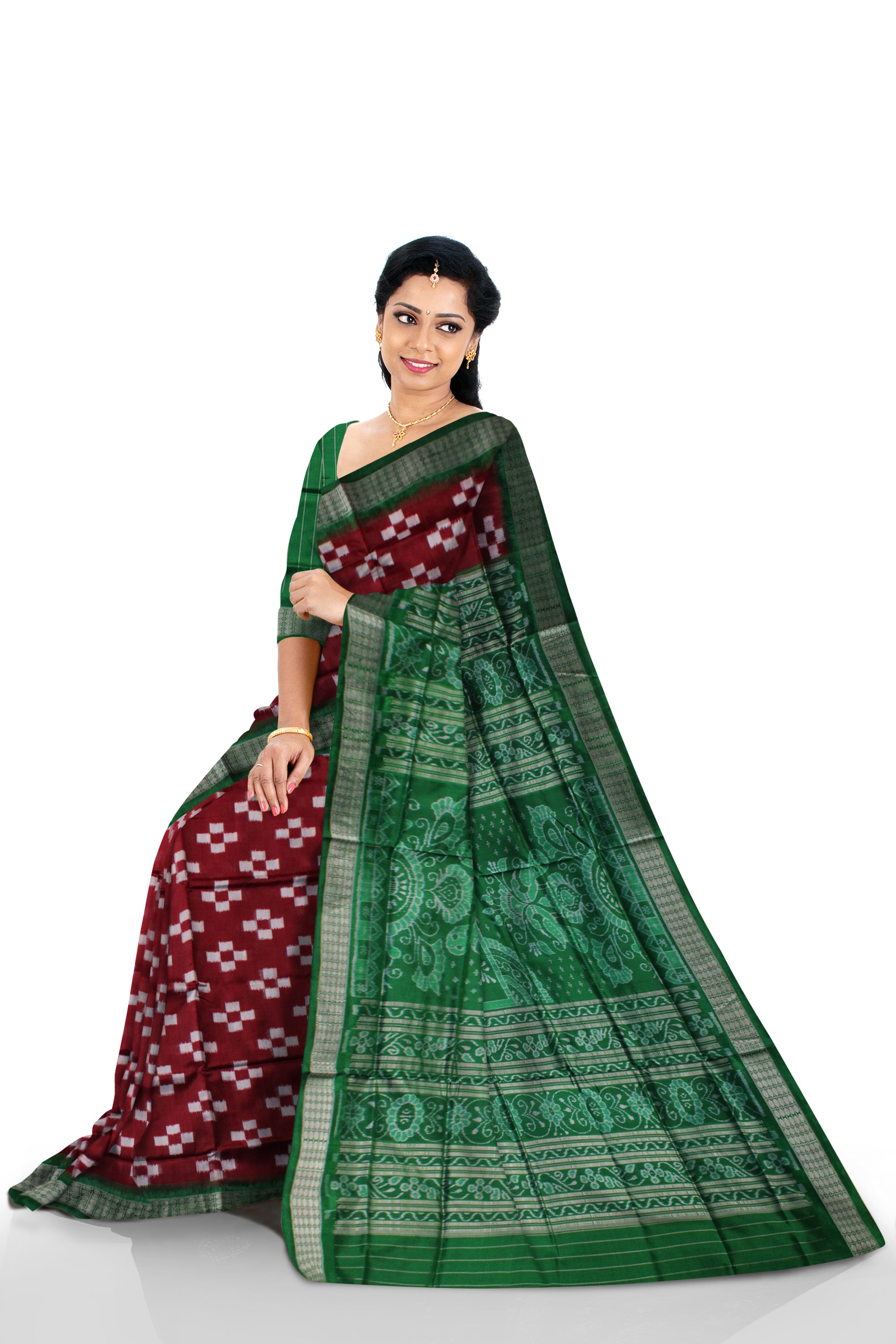 COFFEE WITH GREEN COLOR FULL BODY PASAPALI PATTERN PURE SILK SAREE,COMES WITH MATCHING BLOUSE PIECE. - Koshali Arts & Crafts Enterprise