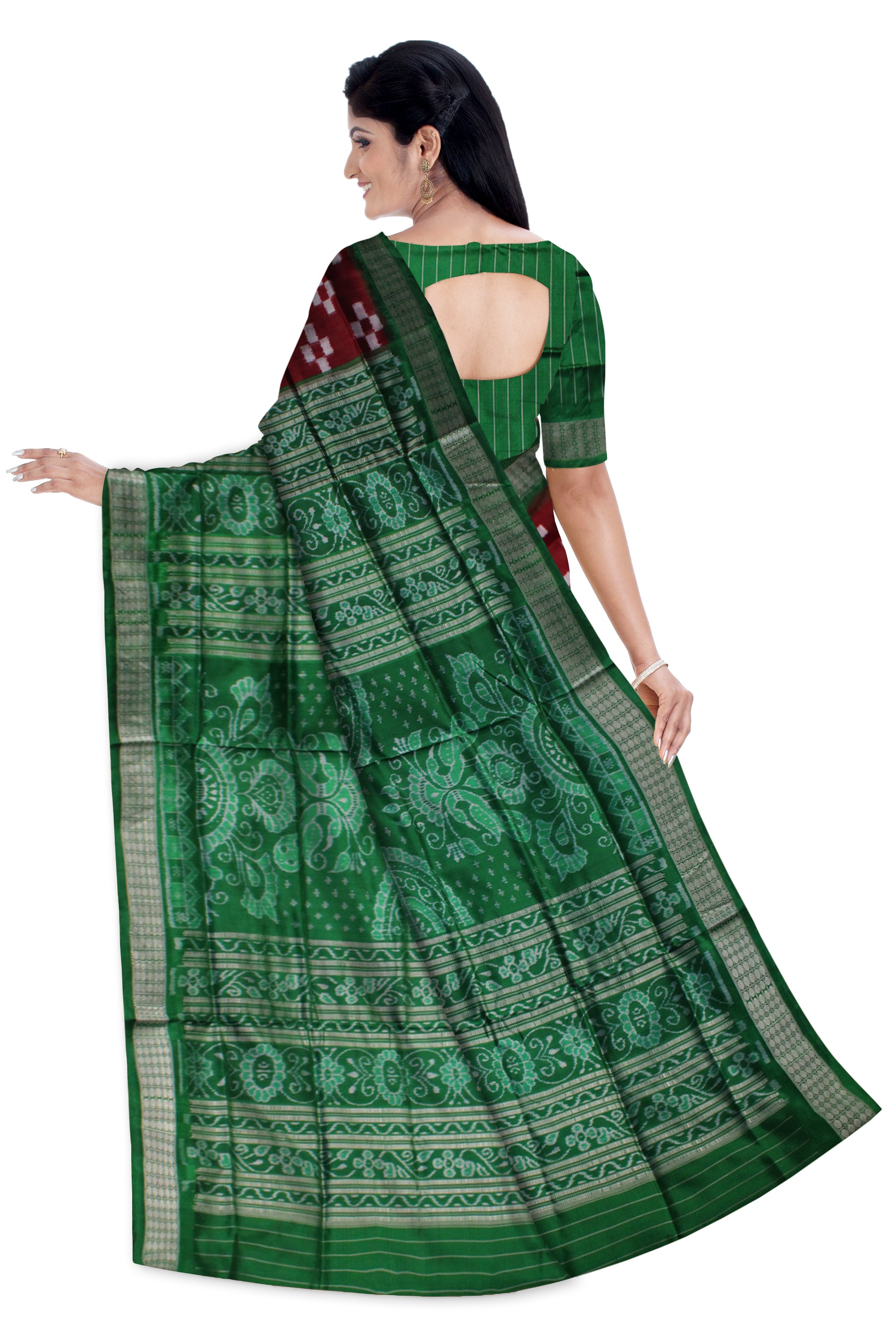 COFFEE WITH GREEN COLOR FULL BODY PASAPALI PATTERN PURE SILK SAREE,COMES WITH MATCHING BLOUSE PIECE. - Koshali Arts & Crafts Enterprise