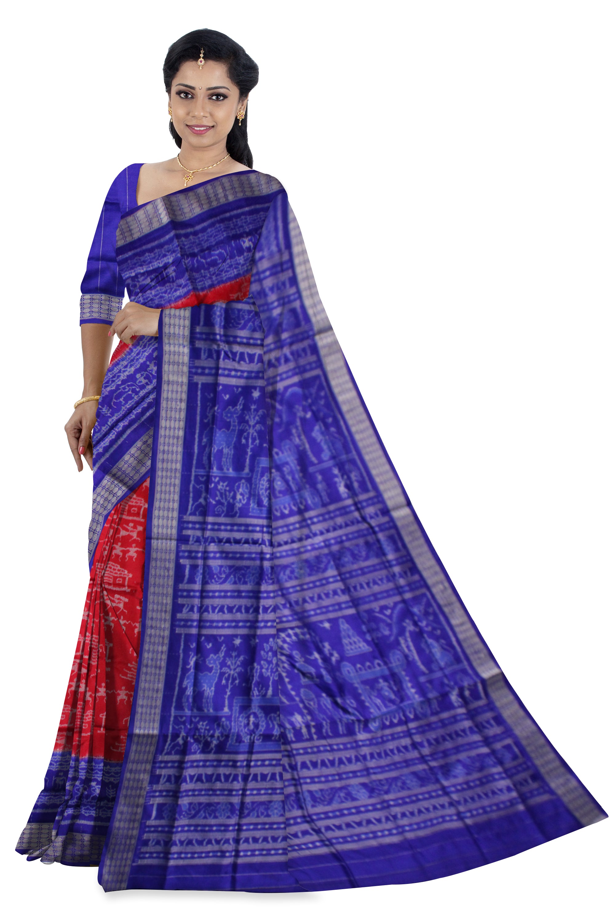 TRADITIONAL VILLAGE PATTERN  PALLU WITH BODY TERRACOTTA PATTERN PURE SILK SAREE IS RED AND BLUE COLOR BASE,COMES WITH MATCHING BLOUSE PIECE. - Koshali Arts & Crafts Enterprise