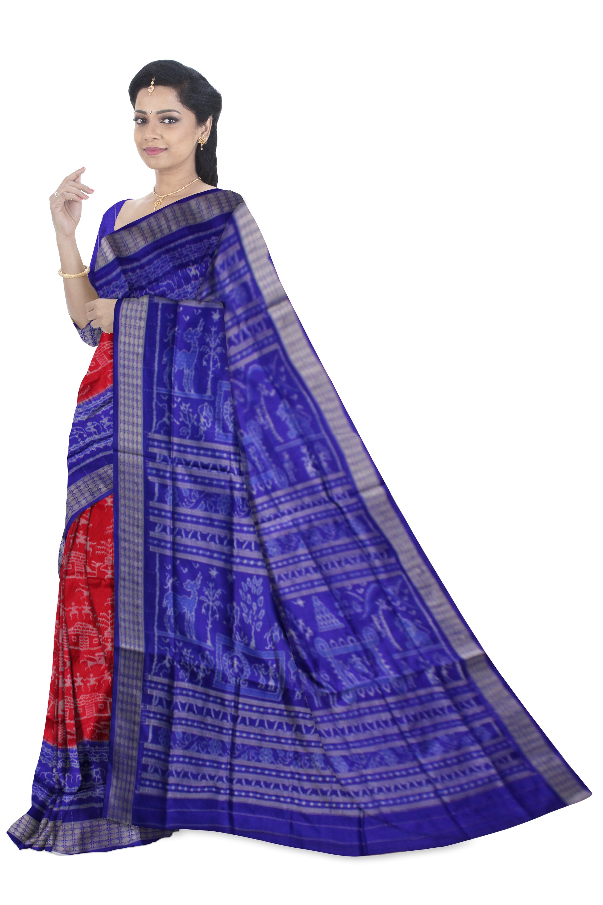 TRADITIONAL VILLAGE PATTERN  PALLU WITH BODY TERRACOTTA PATTERN PURE SILK SAREE IS RED AND BLUE COLOR BASE,COMES WITH MATCHING BLOUSE PIECE. - Koshali Arts & Crafts Enterprise