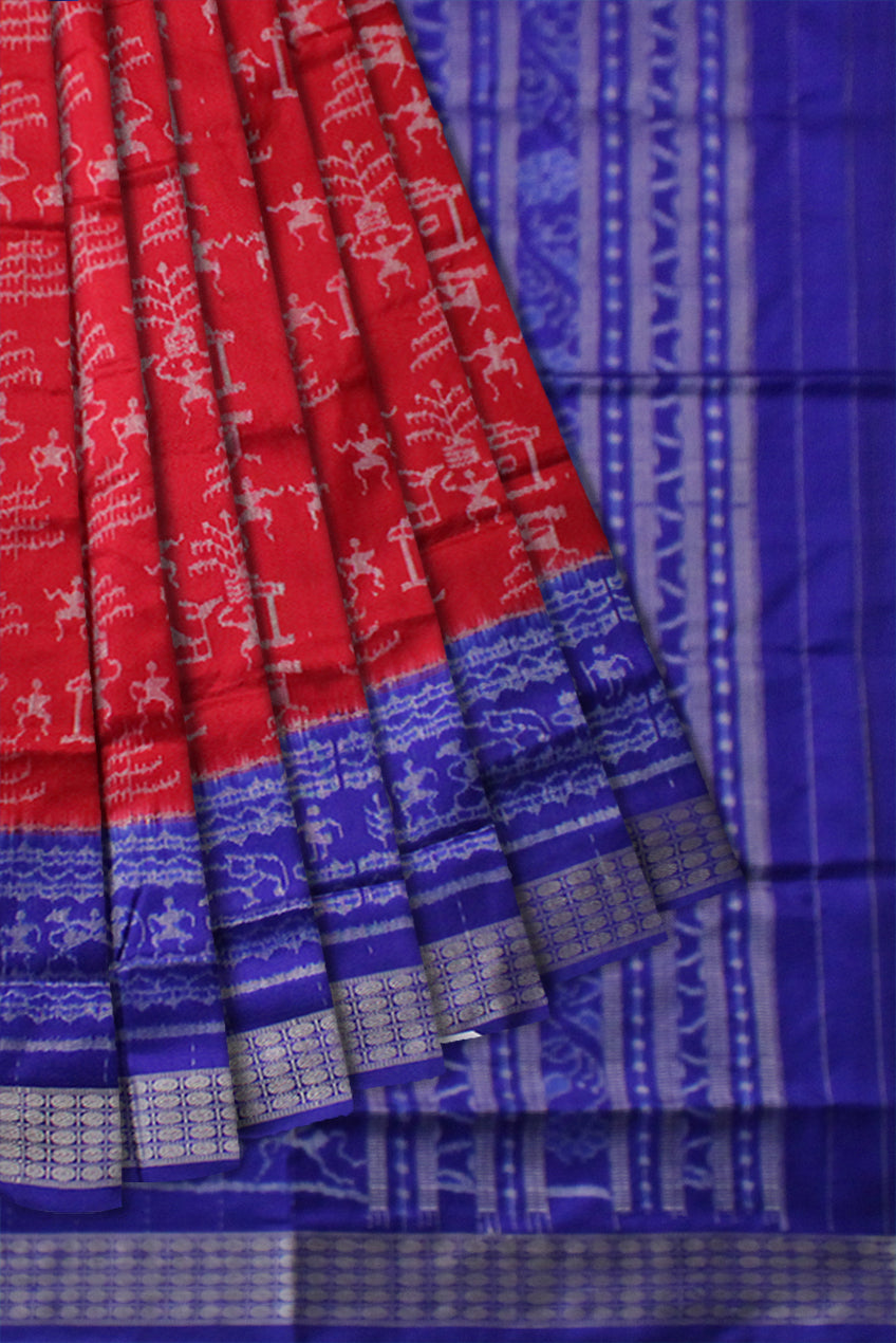 TRADITIONAL VILLAGE PATTERN  PALLU WITH BODY TERRACOTTA PATTERN PURE SILK SAREE IS RED AND BLUE COLOR BASE,COMES WITH MATCHING BLOUSE PIECE. - Koshali Arts & Crafts Enterprise