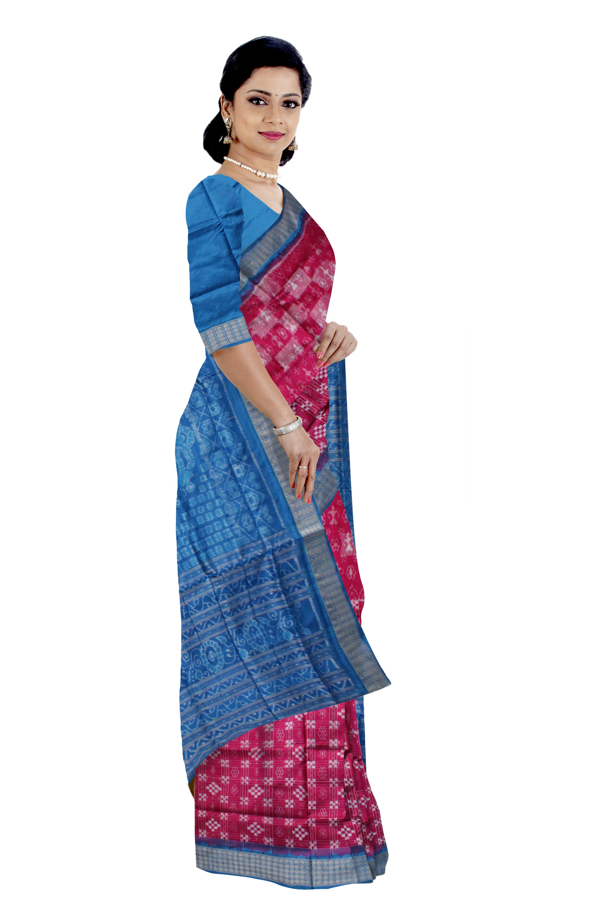 PASAPALI WITH TERRACOTTA PATTERN PURE SILK SAREE IS PINK AND SKY COLOR BASE,WITH BLOUSE PIECE. - Koshali Arts & Crafts Enterprise