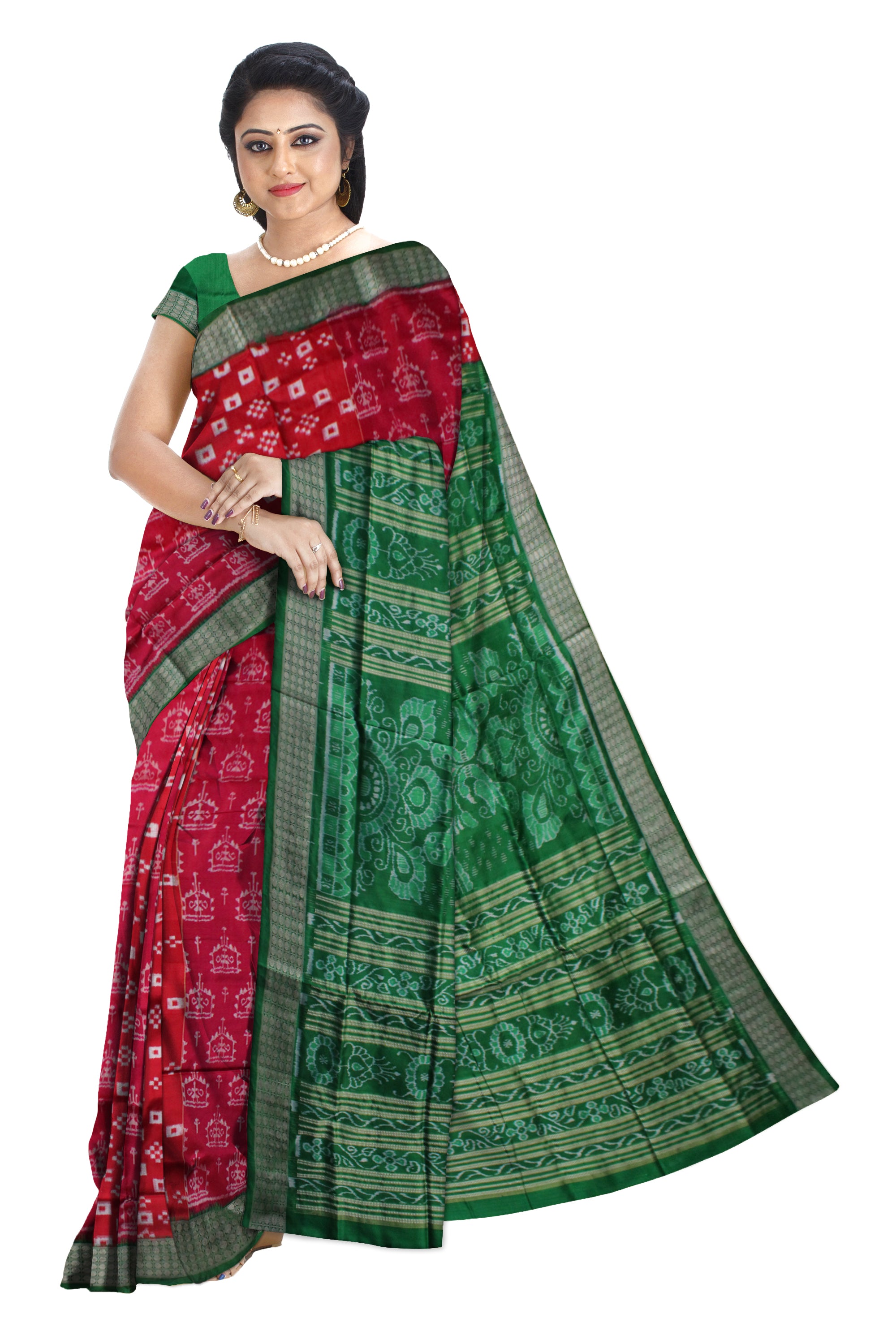 RED AND GREEN COLOR TERRACOTTA WITH PASAPALI PATTERN PURE SILK SAREE,WITH MATCHING BLOUSE PIECE. - Koshali Arts & Crafts Enterprise