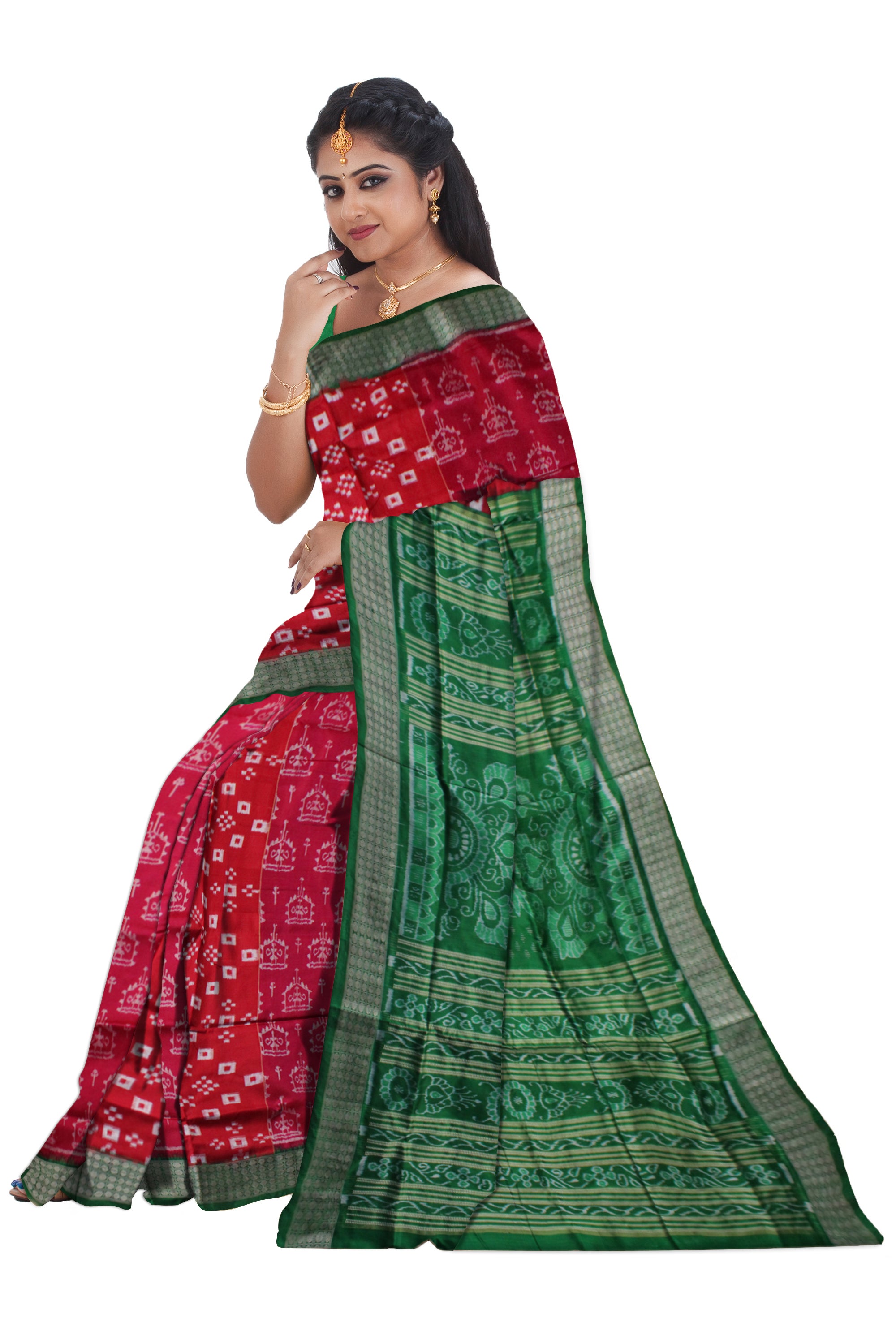 RED AND GREEN COLOR TERRACOTTA WITH PASAPALI PATTERN PURE SILK SAREE,WITH MATCHING BLOUSE PIECE. - Koshali Arts & Crafts Enterprise