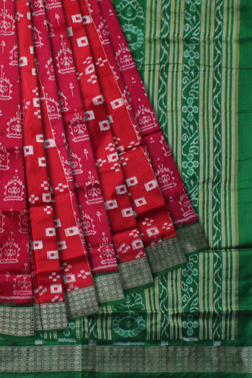 RED AND GREEN COLOR TERRACOTTA WITH PASAPALI PATTERN PURE SILK SAREE,WITH MATCHING BLOUSE PIECE. - Koshali Arts & Crafts Enterprise