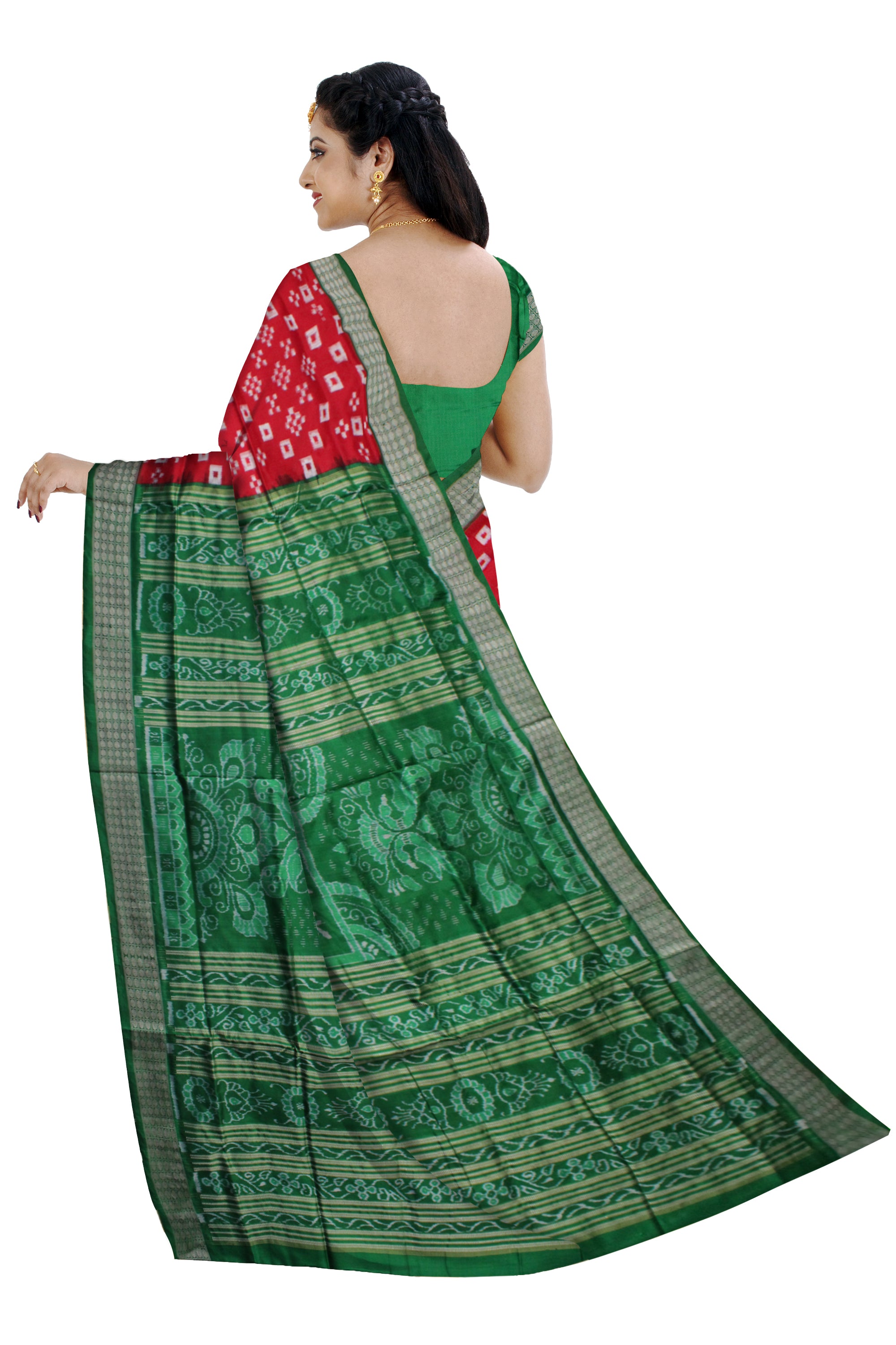 RED AND GREEN COLOR TERRACOTTA WITH PASAPALI PATTERN PURE SILK SAREE,WITH MATCHING BLOUSE PIECE. - Koshali Arts & Crafts Enterprise