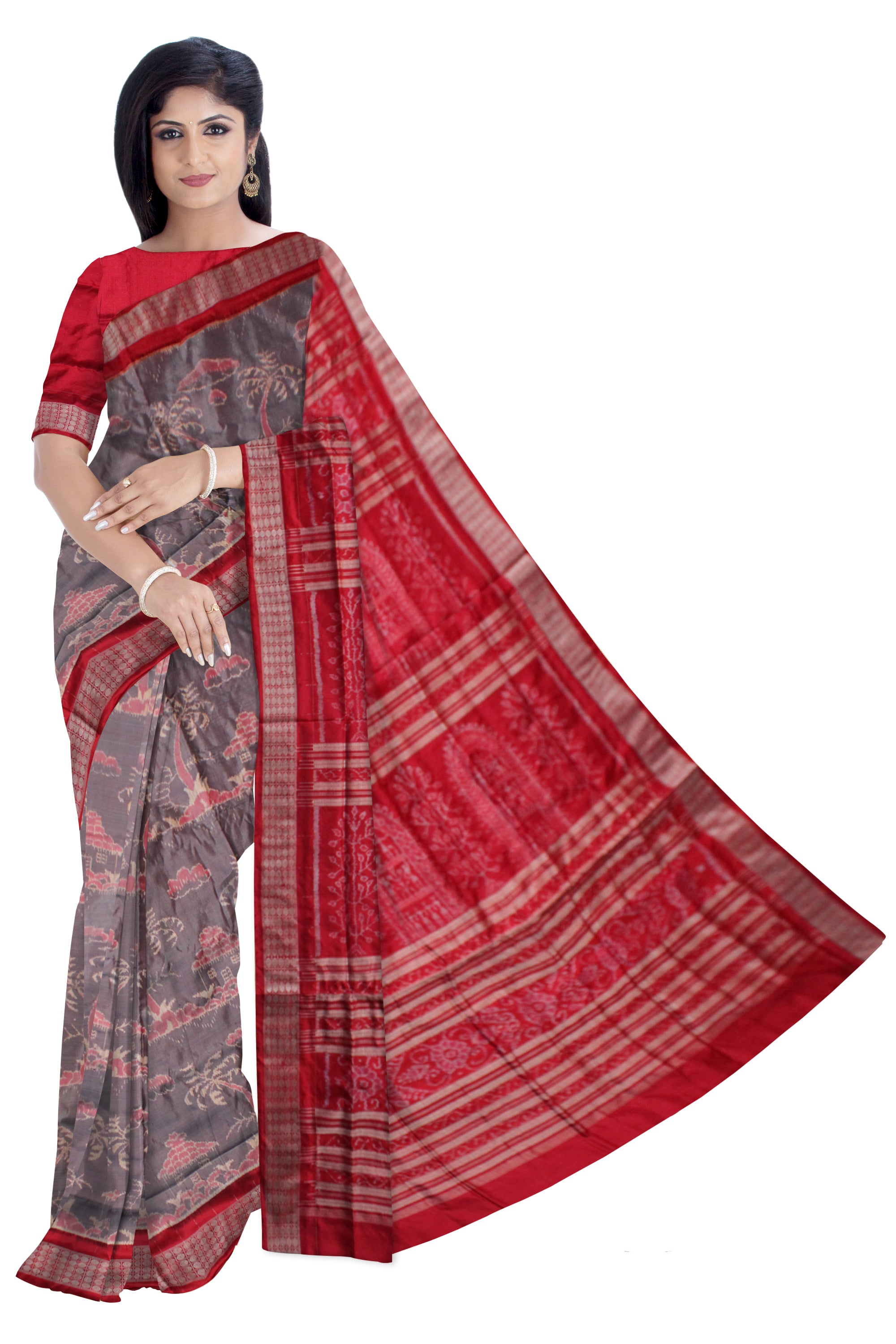 SMALL HOUSE AND TREE PATTERN PURE SILK SAREE IS GREY AND RED COLOR BASE,AVAILABLE WITH MATCHING BLOUSE PIECE. - Koshali Arts & Crafts Enterprise