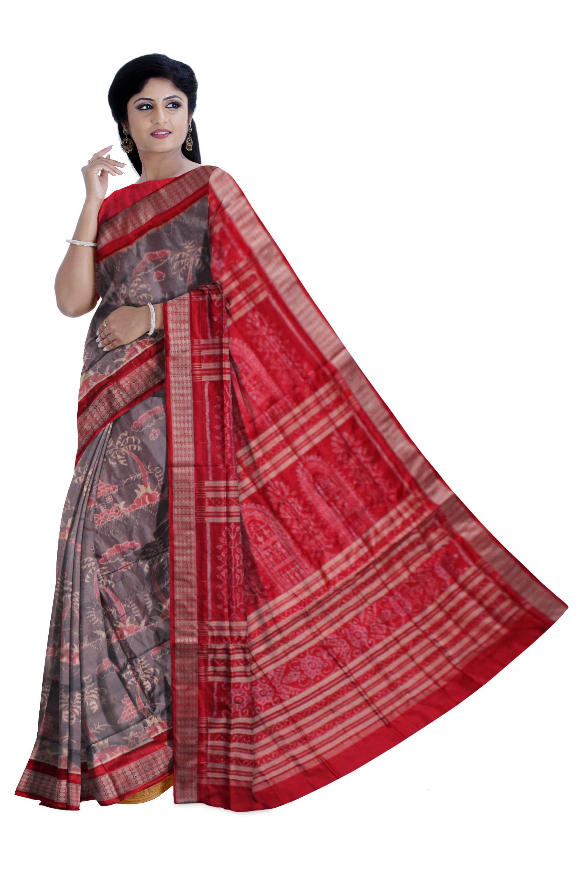 SMALL HOUSE AND TREE PATTERN PURE SILK SAREE IS GREY AND RED COLOR BASE,AVAILABLE WITH MATCHING BLOUSE PIECE. - Koshali Arts & Crafts Enterprise