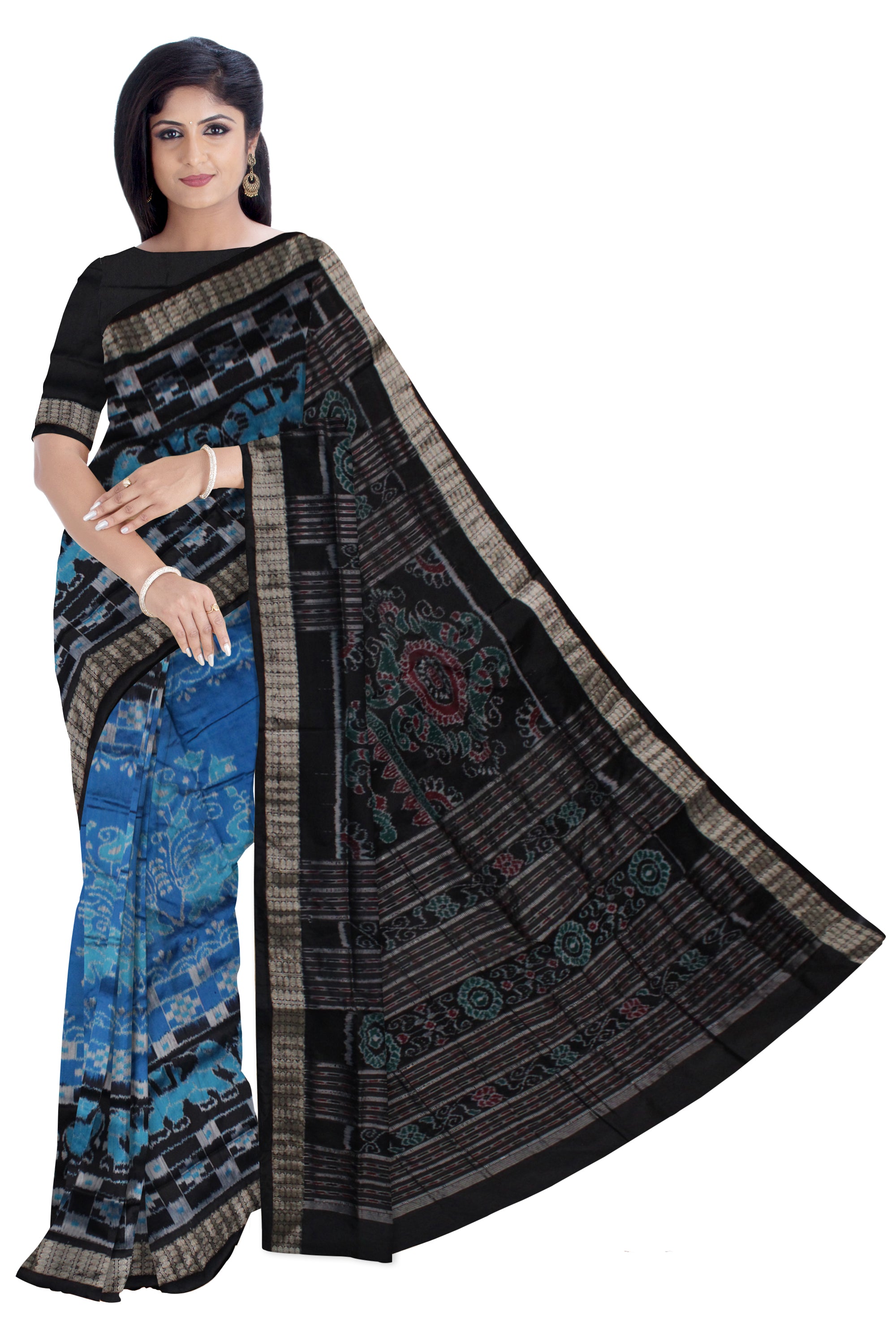 SKY BLUE AND BLACK COLOR ELEPHANT WITH PASAPALI PATTERN PATA SAREE,WITH BLOUSE PIECE. - Koshali Arts & Crafts Enterprise