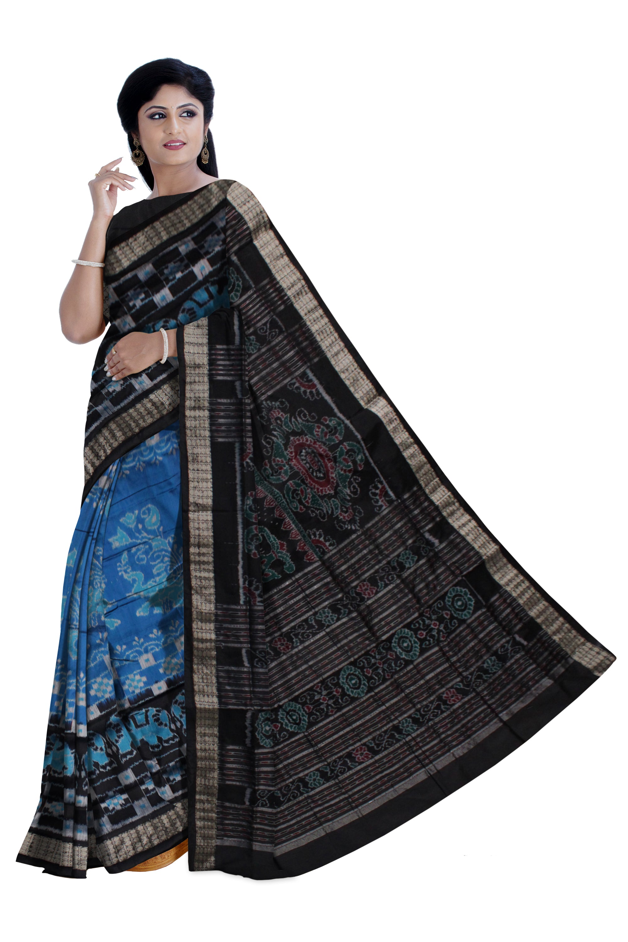 SKY BLUE AND BLACK COLOR ELEPHANT WITH PASAPALI PATTERN PATA SAREE,WITH BLOUSE PIECE. - Koshali Arts & Crafts Enterprise