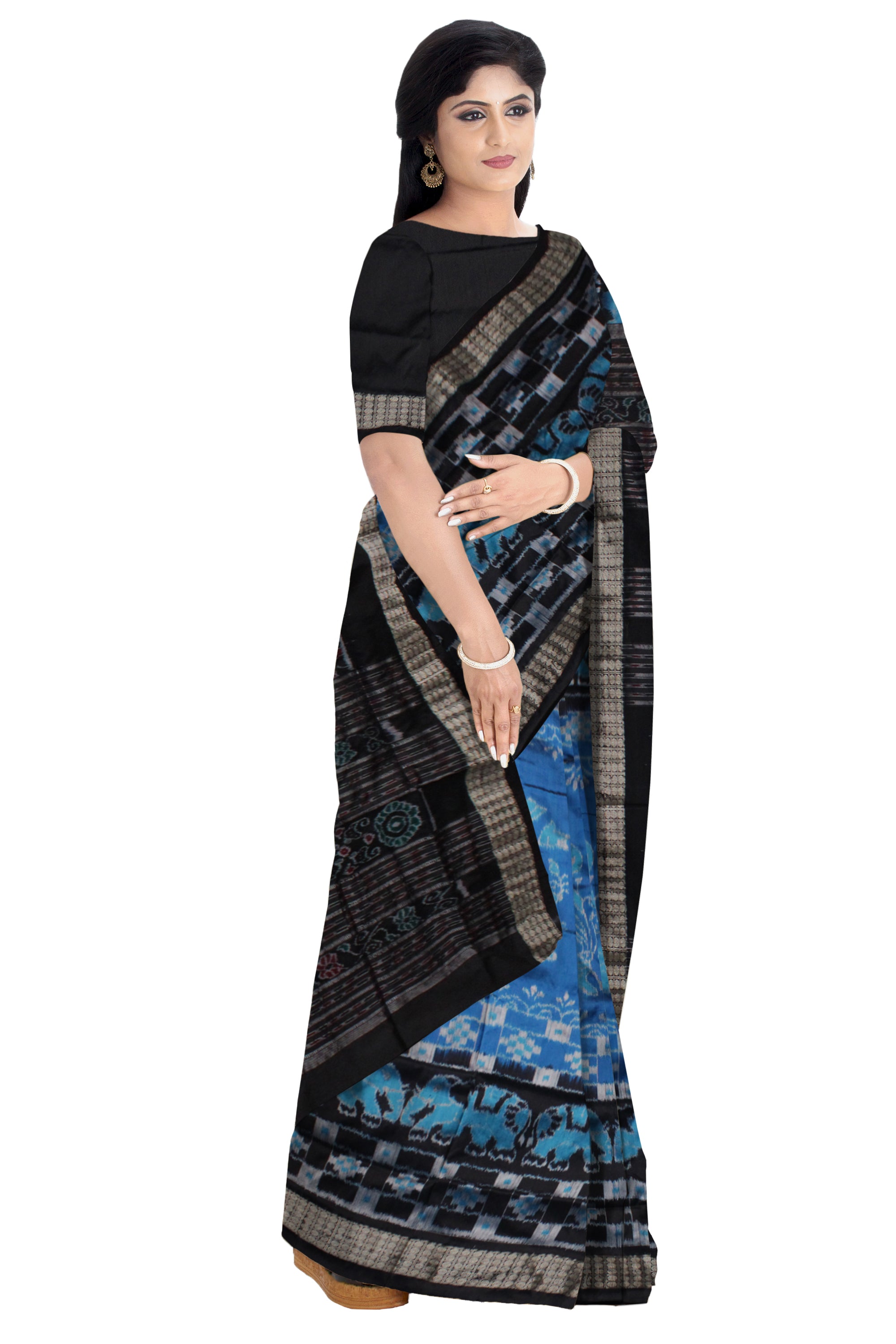 SKY BLUE AND BLACK COLOR ELEPHANT WITH PASAPALI PATTERN PATA SAREE,WITH BLOUSE PIECE. - Koshali Arts & Crafts Enterprise