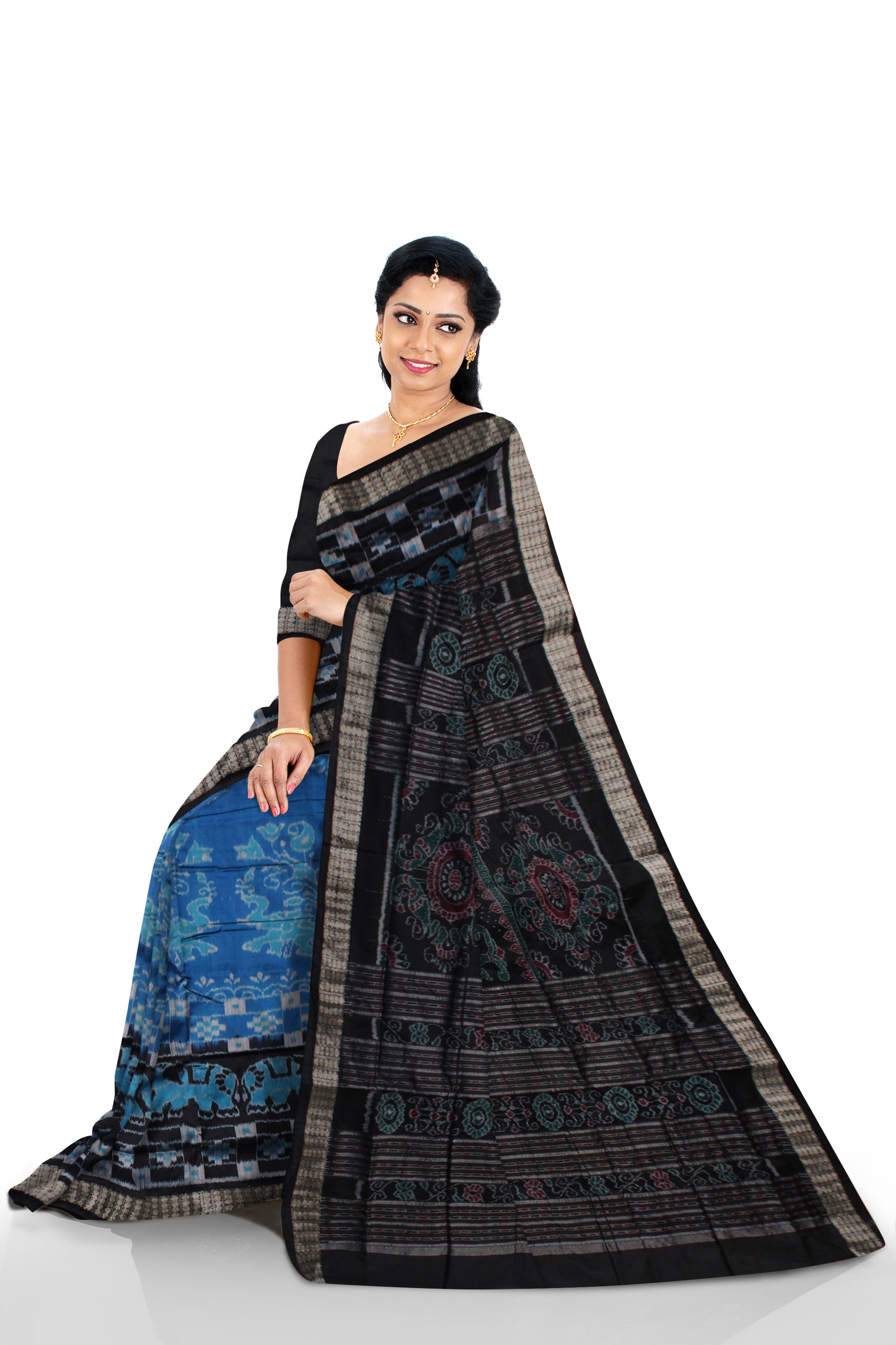 SKY BLUE AND BLACK COLOR ELEPHANT WITH PASAPALI PATTERN PATA SAREE,WITH BLOUSE PIECE. - Koshali Arts & Crafts Enterprise