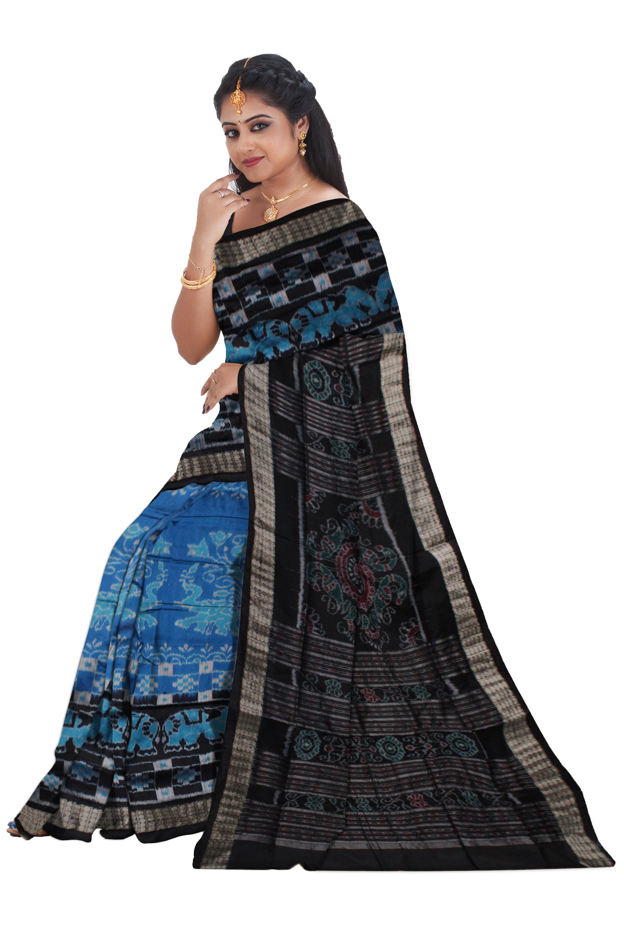 SKY BLUE AND BLACK COLOR ELEPHANT WITH PASAPALI PATTERN PATA SAREE,WITH BLOUSE PIECE. - Koshali Arts & Crafts Enterprise