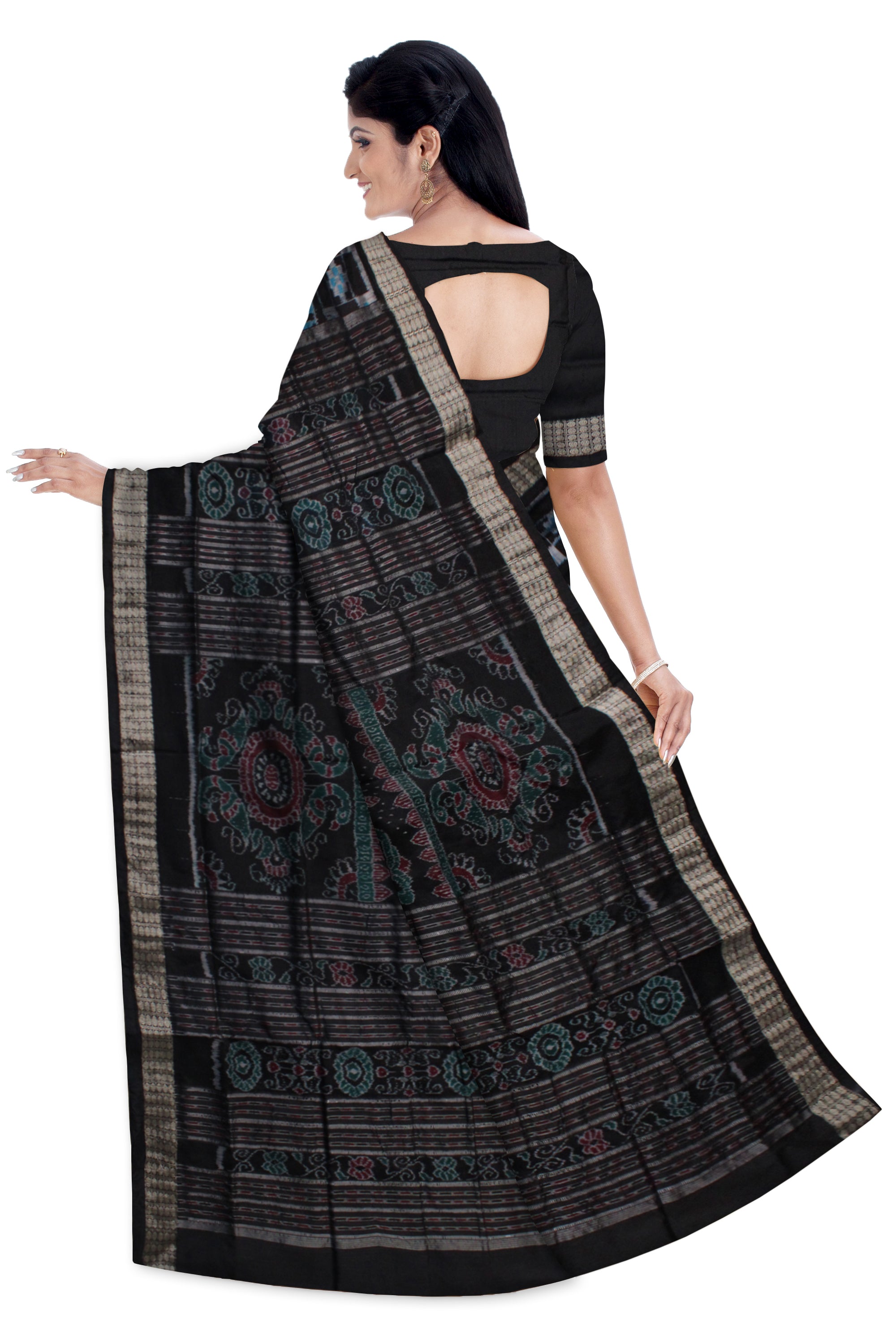 SKY BLUE AND BLACK COLOR ELEPHANT WITH PASAPALI PATTERN PATA SAREE,WITH BLOUSE PIECE. - Koshali Arts & Crafts Enterprise