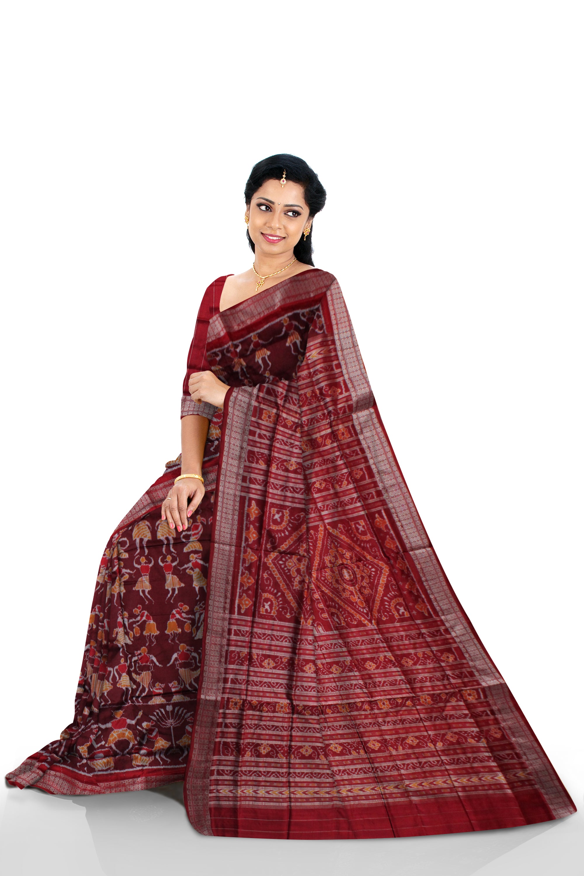 TRIBAL DANCE PATTERN PURE SILK SAREE IS COFFEE WITH MAROON COLOR BASE,COMES WITH MATCHING BLOUSE PIECE. - Koshali Arts & Crafts Enterprise