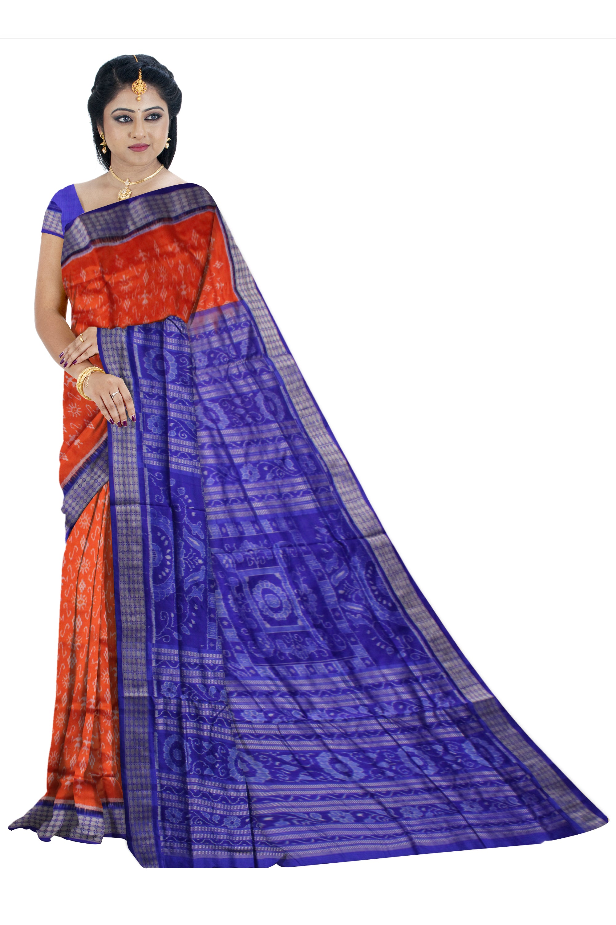 ORANGE AND BLUE COLOR SMALL TERRACOTTA PATTERN PURE SILK SAREE,WITH BLOUSE PIECE. - Koshali Arts & Crafts Enterprise