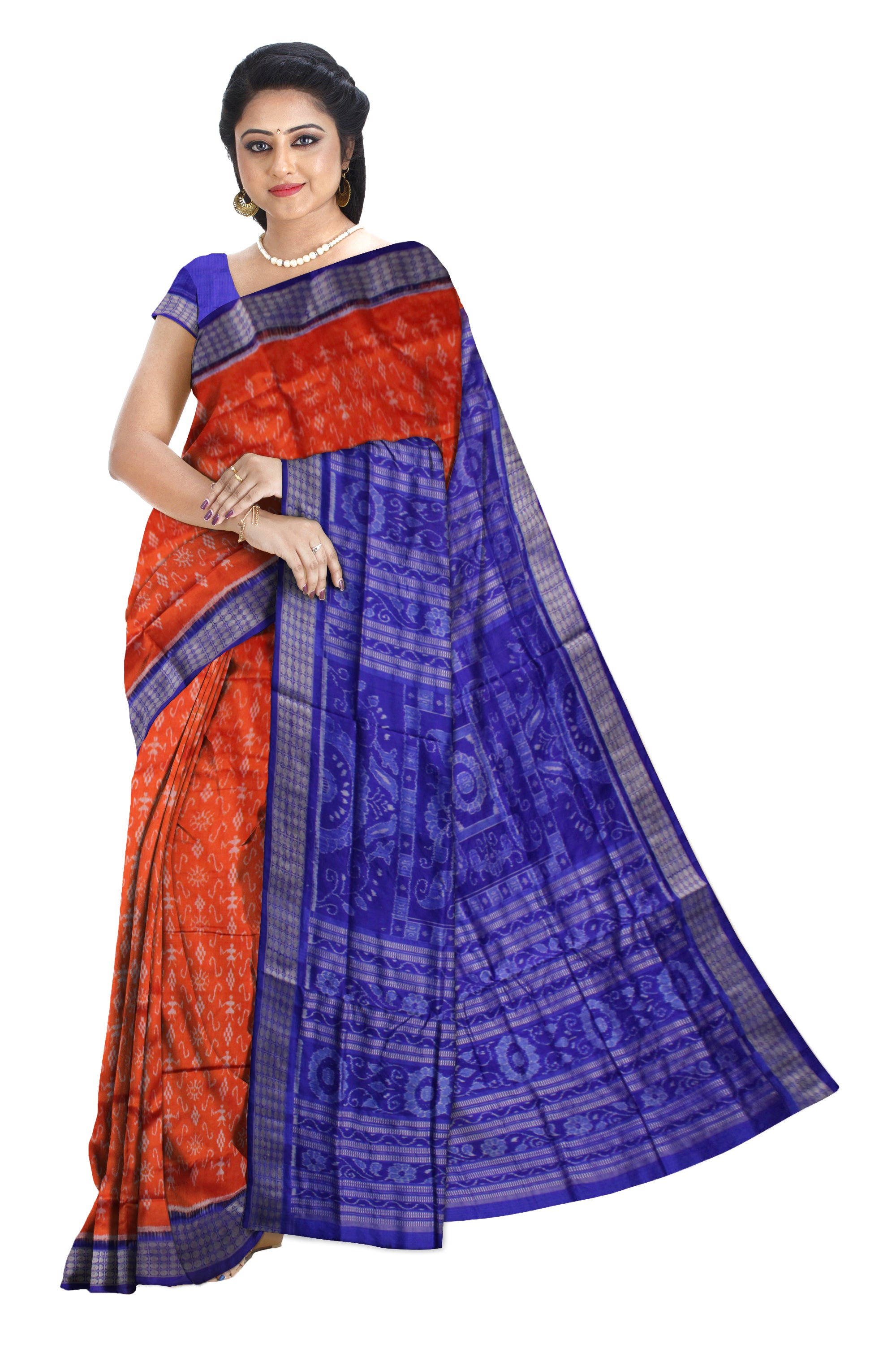 ORANGE AND BLUE COLOR SMALL TERRACOTTA PATTERN PURE SILK SAREE,WITH BLOUSE PIECE. - Koshali Arts & Crafts Enterprise