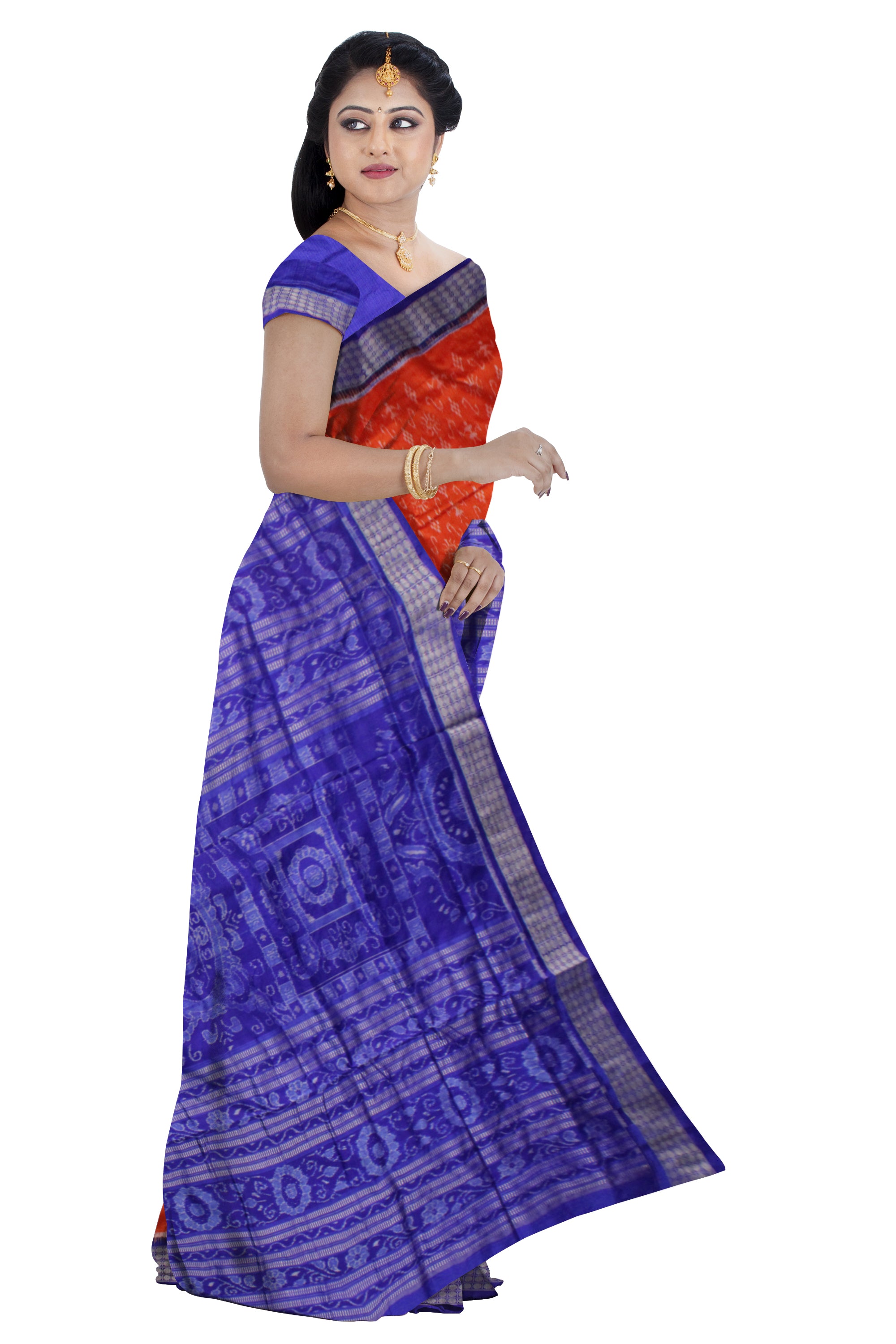 ORANGE AND BLUE COLOR SMALL TERRACOTTA PATTERN PURE SILK SAREE,WITH BLOUSE PIECE. - Koshali Arts & Crafts Enterprise