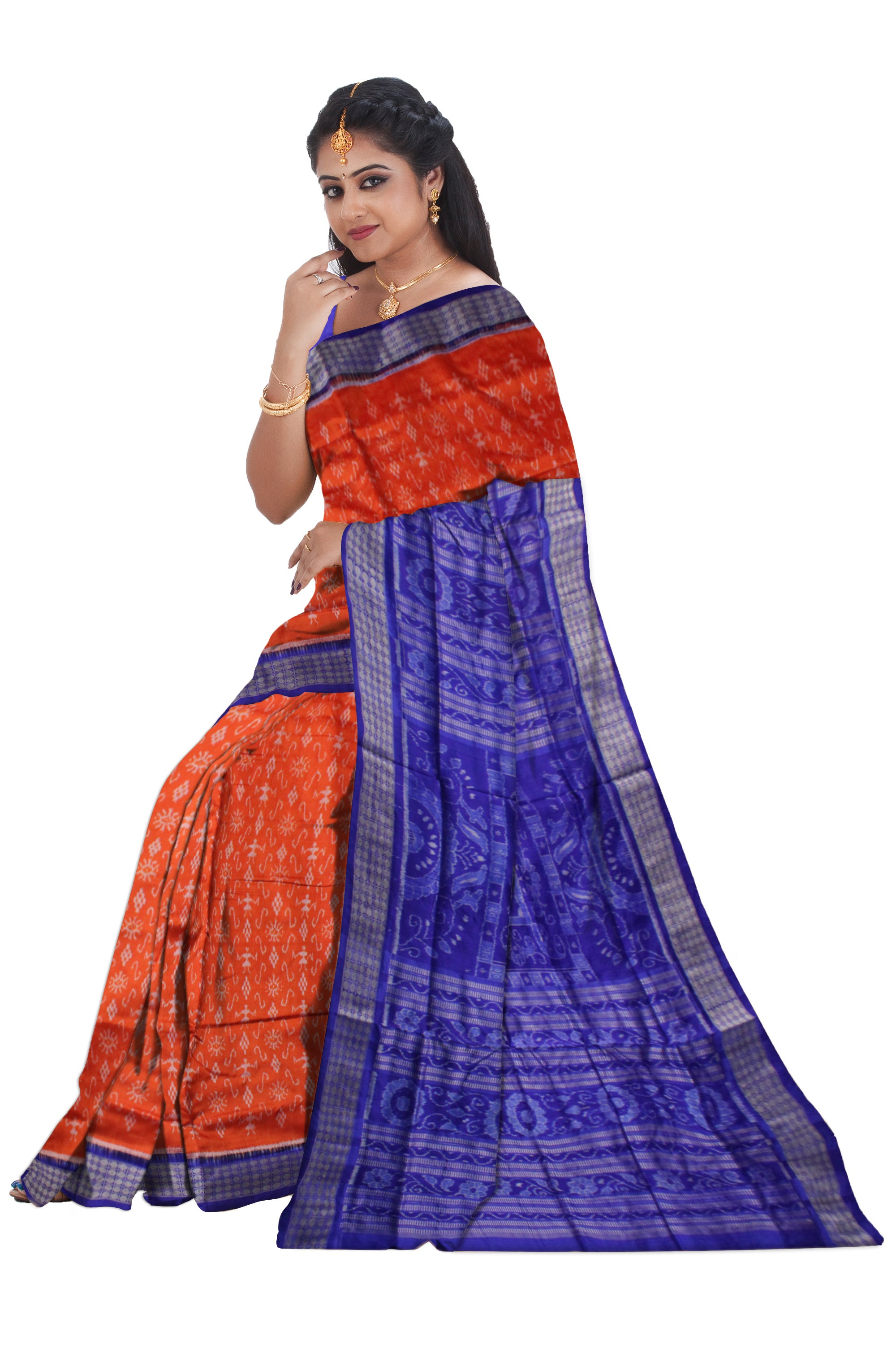 ORANGE AND BLUE COLOR SMALL TERRACOTTA PATTERN PURE SILK SAREE,WITH BLOUSE PIECE. - Koshali Arts & Crafts Enterprise