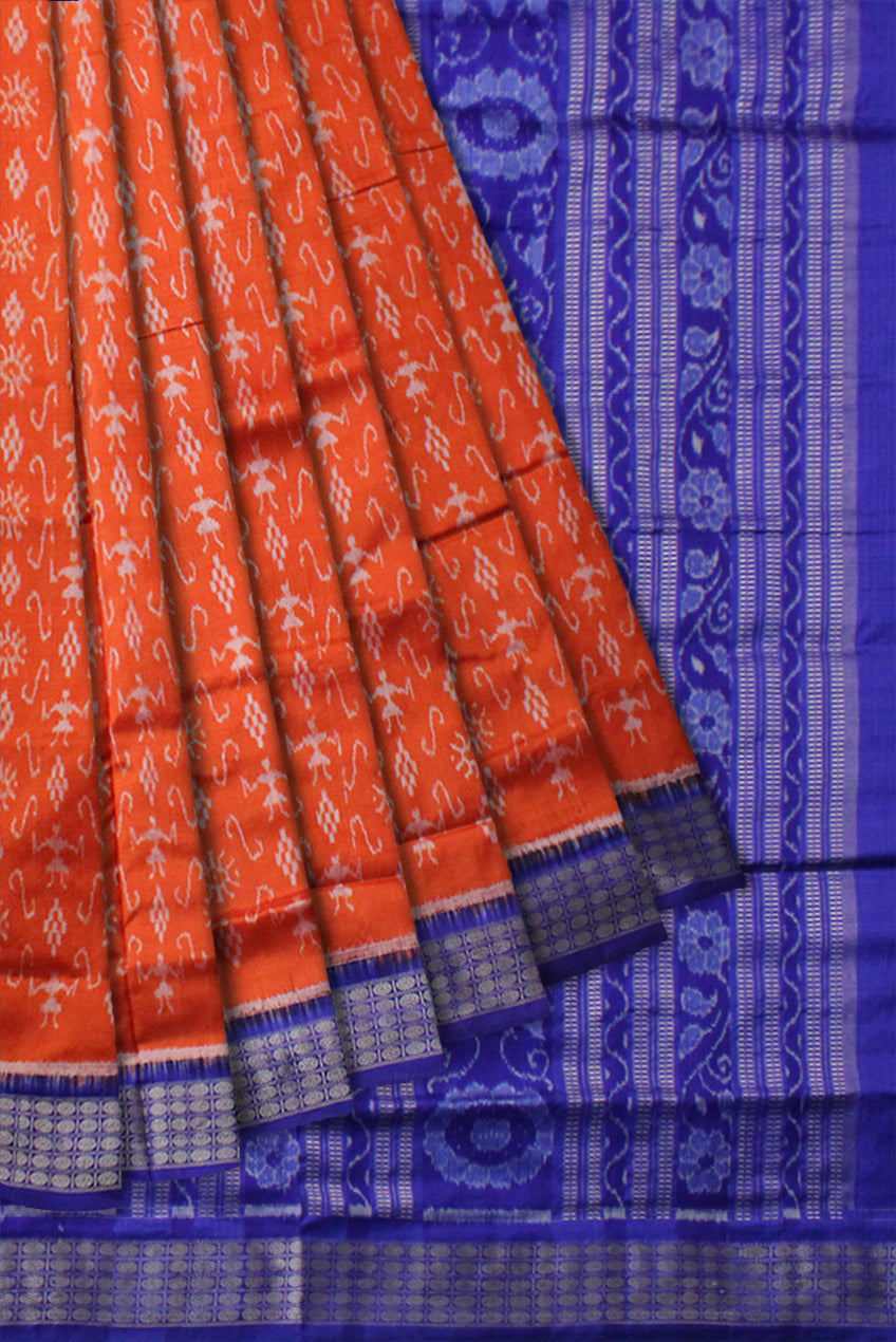 ORANGE AND BLUE COLOR SMALL TERRACOTTA PATTERN PURE SILK SAREE,WITH BLOUSE PIECE. - Koshali Arts & Crafts Enterprise