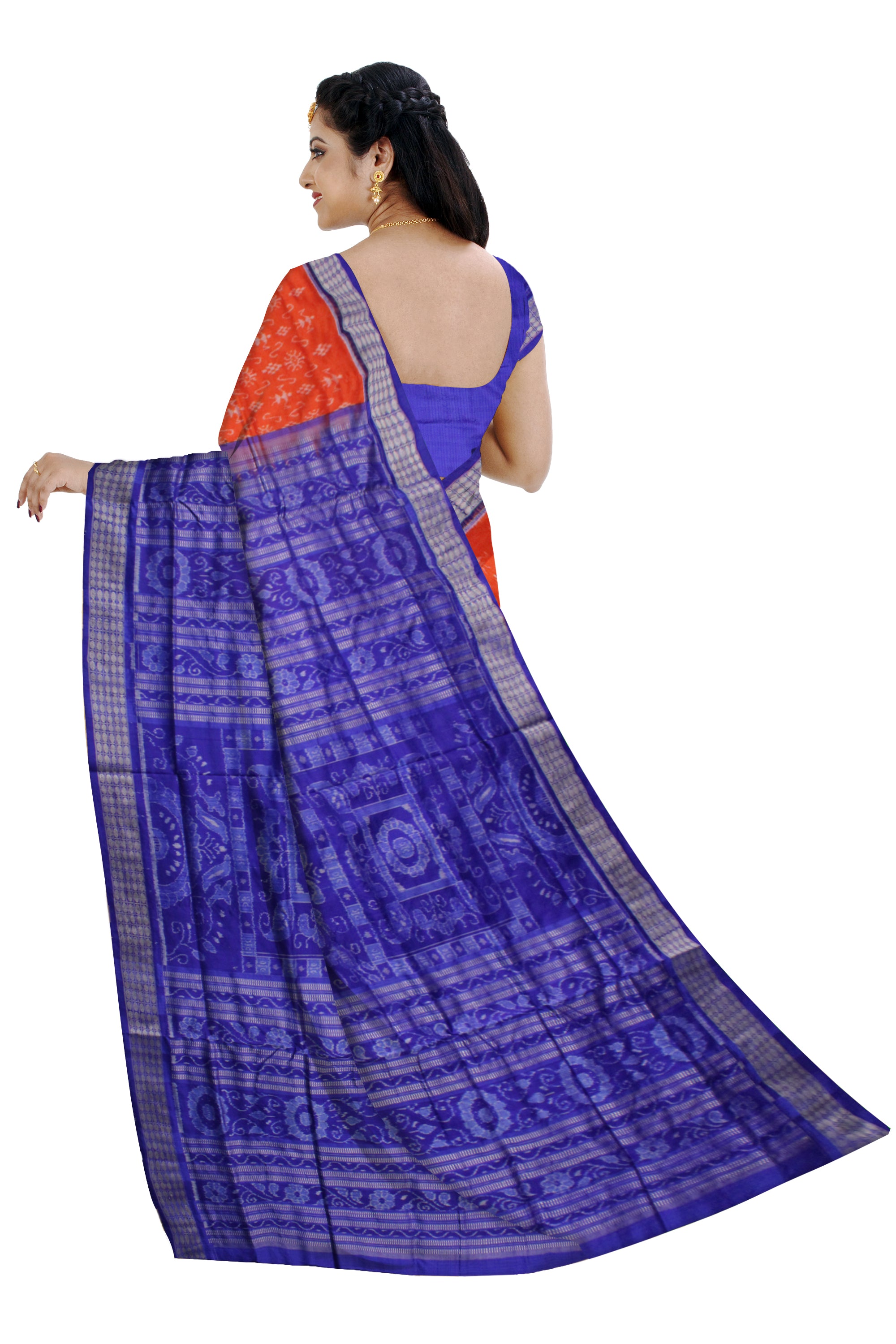 ORANGE AND BLUE COLOR SMALL TERRACOTTA PATTERN PURE SILK SAREE,WITH BLOUSE PIECE. - Koshali Arts & Crafts Enterprise