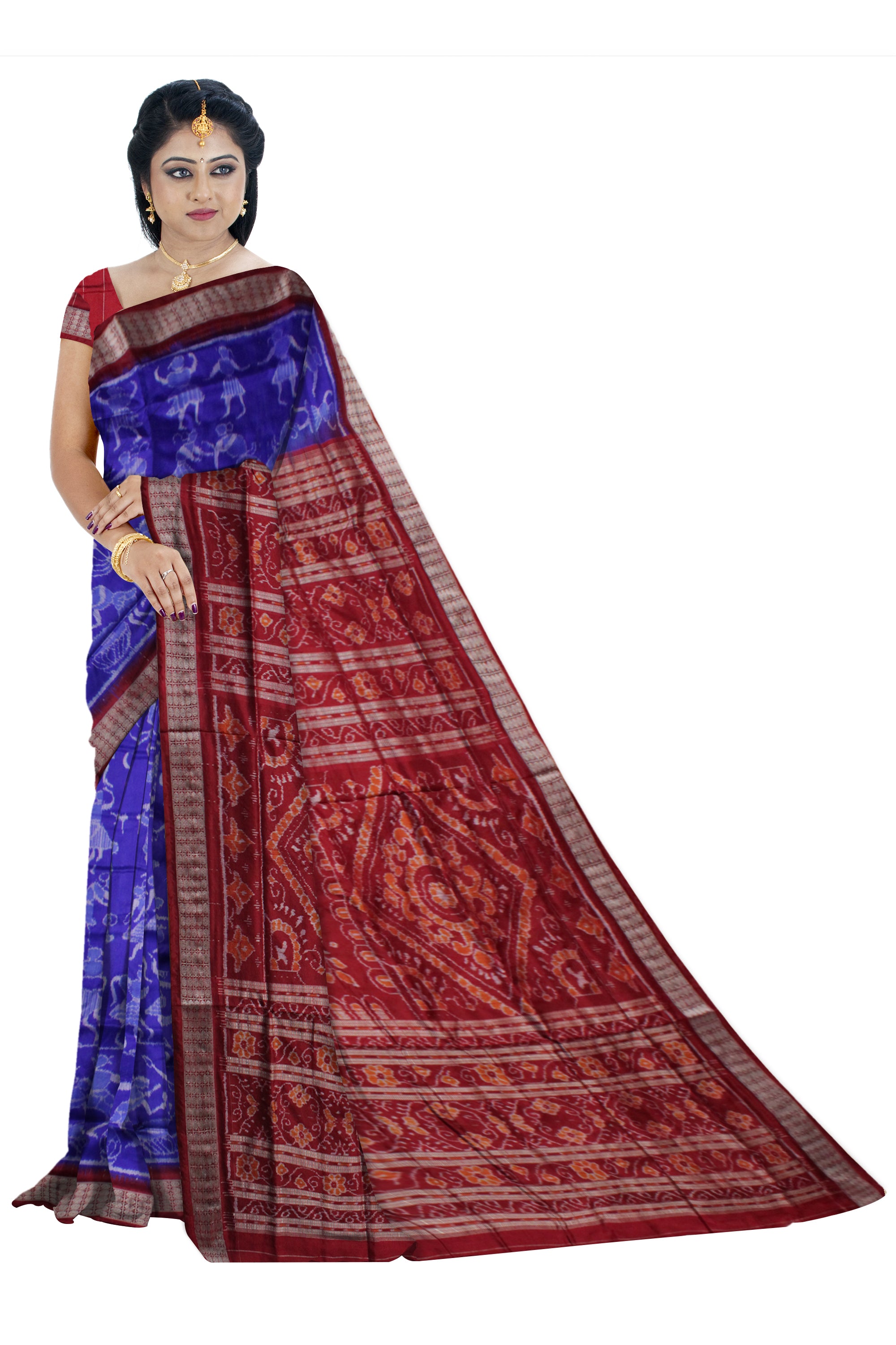 LATEST BLUE AND MAROON COLOR TRIBAL DANCE PATTERN PURE SILK SAREE,WITH BLOUSE PIECE. - Koshali Arts & Crafts Enterprise
