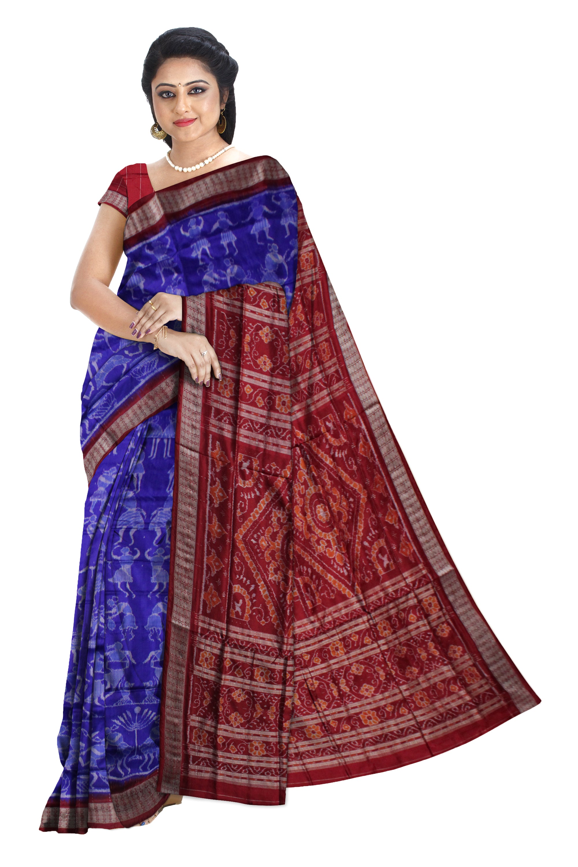 LATEST BLUE AND MAROON COLOR TRIBAL DANCE PATTERN PURE SILK SAREE,WITH BLOUSE PIECE. - Koshali Arts & Crafts Enterprise