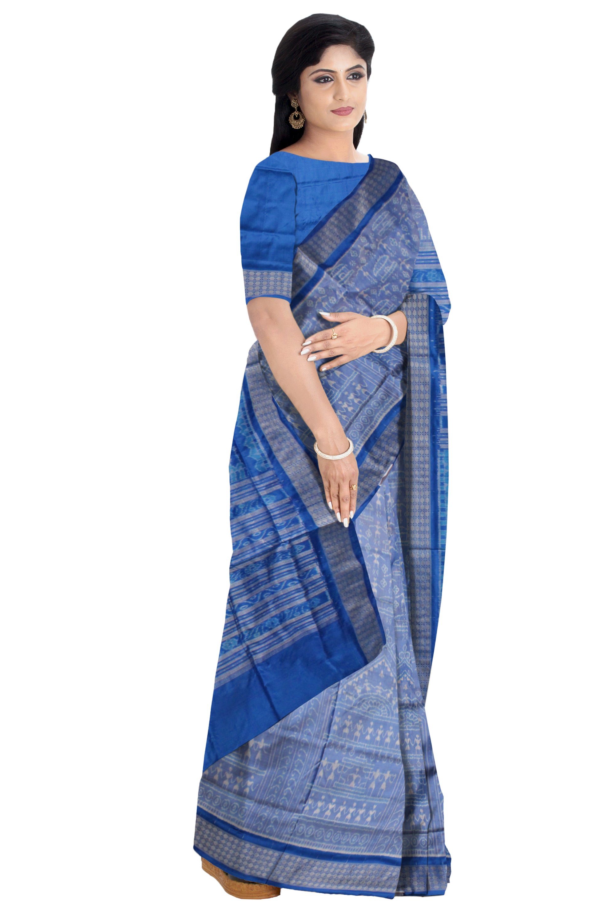 WHOLE BODY TERRACOTTA PATTERN PURE SILK SAREE IS LIGHT SKY COLOR BASE,WITH MATCHING BLOUSE PIECE. - Koshali Arts & Crafts Enterprise