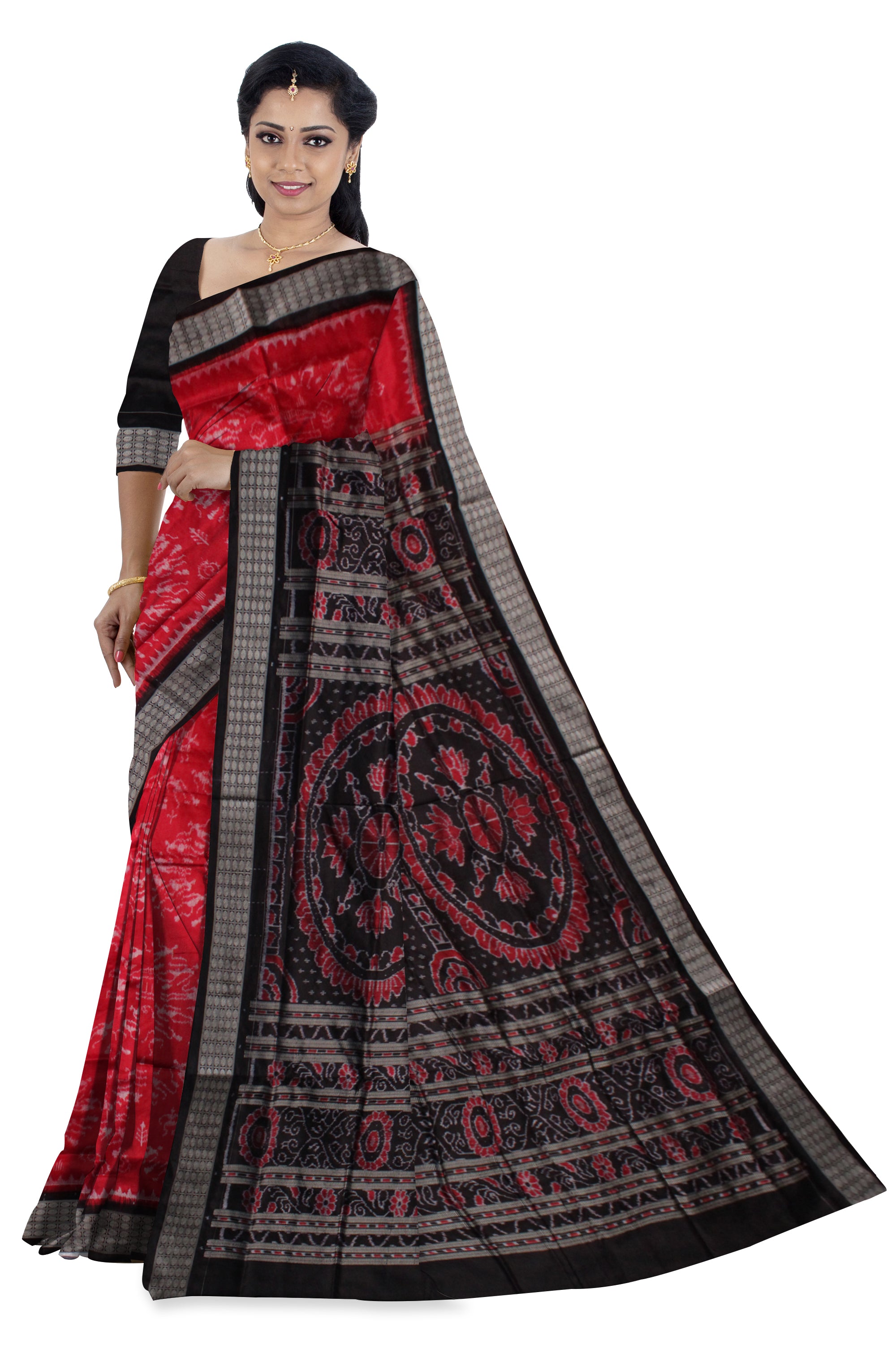 LATEST MARRAIGE COLLECTION RED AND BLACK COLOR 45KUTHI TERRACOTTA PATTERN PURE SILK SAREE,WITH MATCHING BLOUSE PIECE. - Koshali Arts & Crafts Enterprise