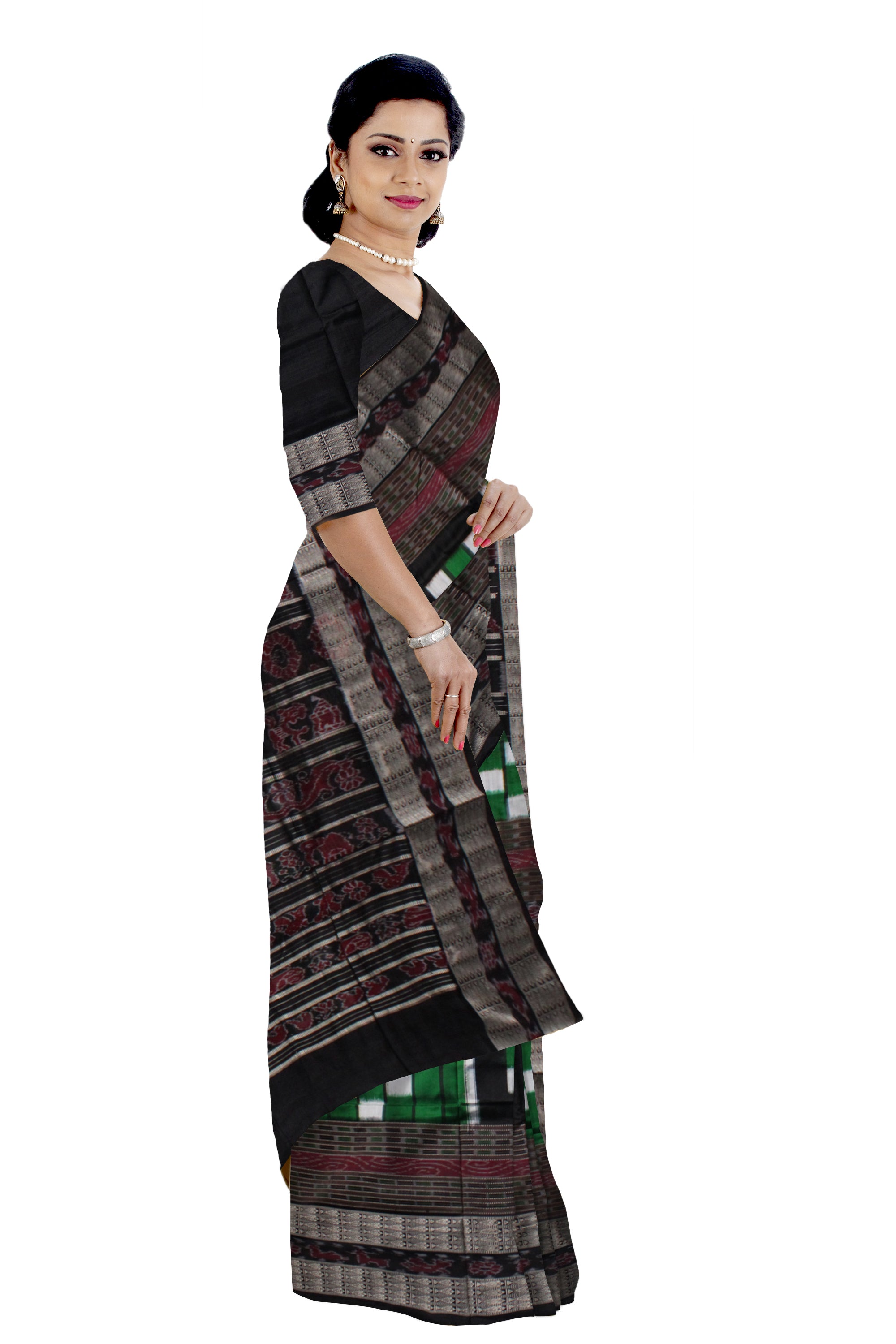 GREEN AND BLACK COLOR BICHITRAPURI PURE SILK SAREE ,COMES WITH MATCHING BLOUSE PIECE. - Koshali Arts & Crafts Enterprise