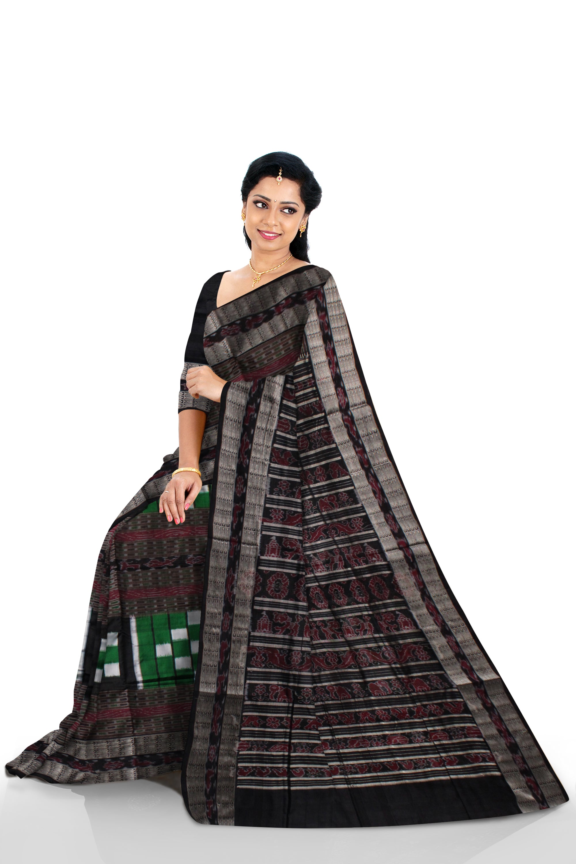 GREEN AND BLACK COLOR BICHITRAPURI PURE SILK SAREE ,COMES WITH MATCHING BLOUSE PIECE. - Koshali Arts & Crafts Enterprise