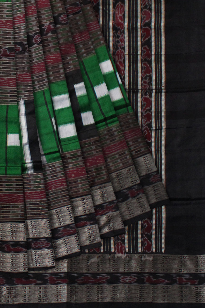 GREEN AND BLACK COLOR BICHITRAPURI PURE SILK SAREE ,COMES WITH MATCHING BLOUSE PIECE. - Koshali Arts & Crafts Enterprise