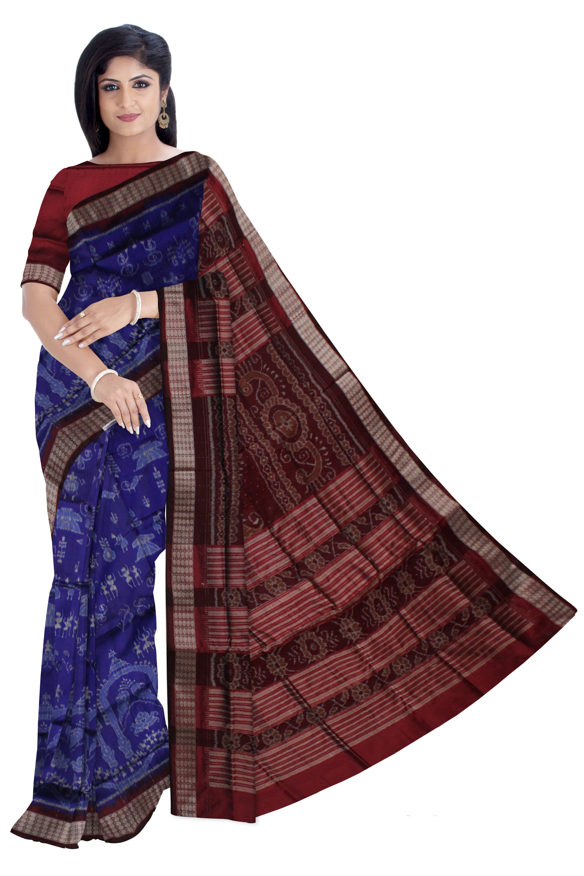TERRACOTTA WITH PARROT PATTERN PATA SAREE IS BLUE AND COFFEE COLOR BASE,COMES WITH MATCHIG BLOUSE PIECE. - Koshali Arts & Crafts Enterprise